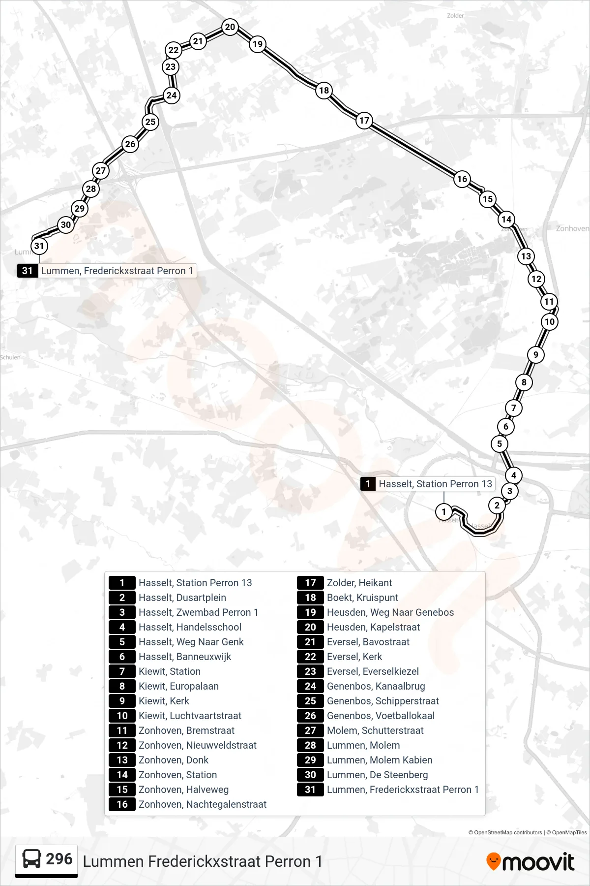 Lijn 296 (bus, Lummen Frederickxstraat Perron 1): route en haltes op de kaart