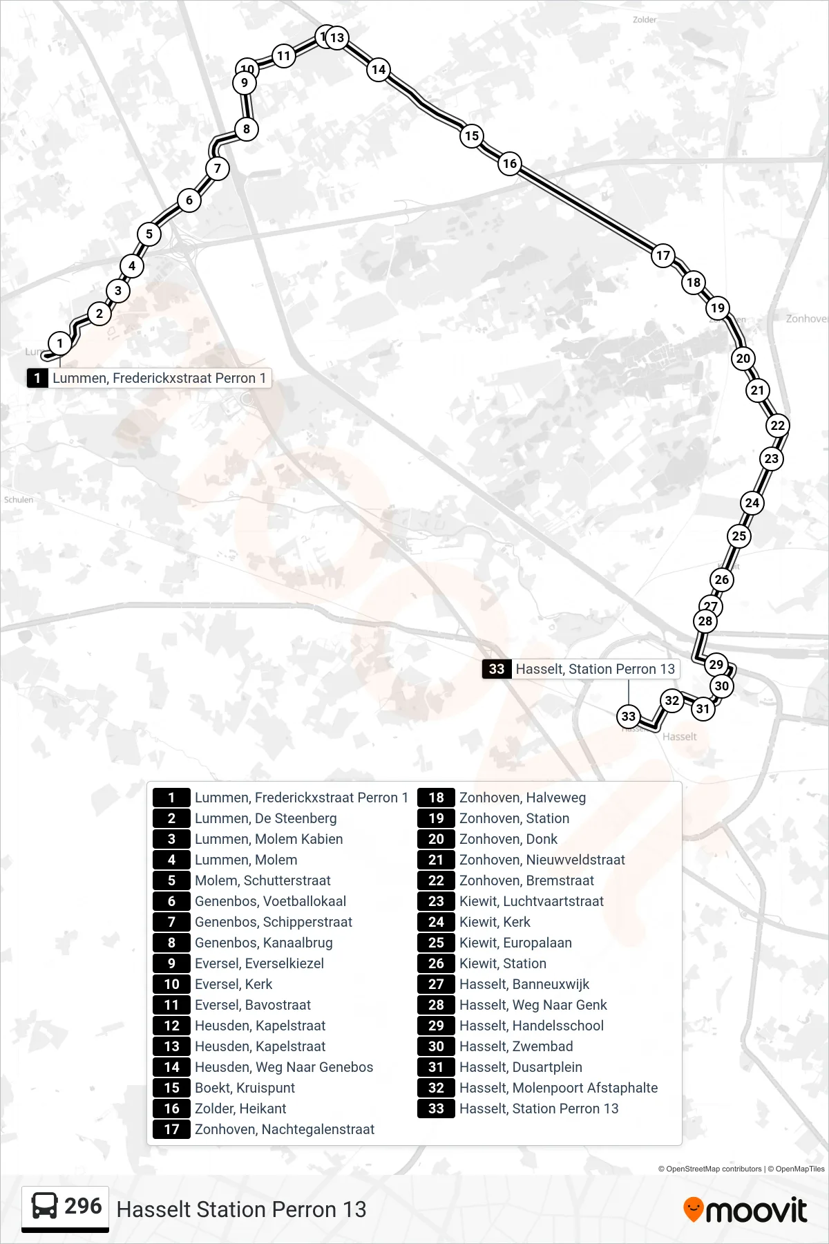 Lijn 296 (bus, Hasselt Station Perron 13): route en haltes op de kaart