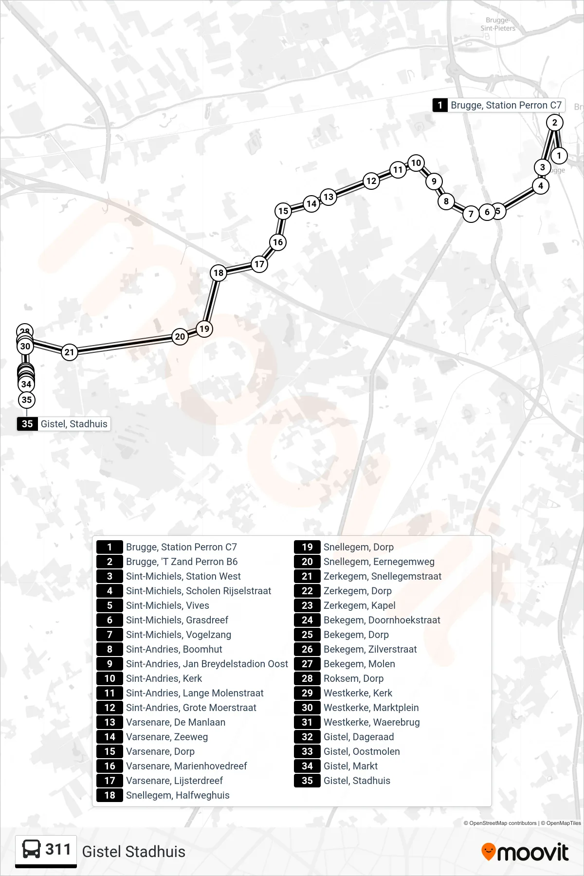 Lijn 311 (bus, Gistel Stadhuis): route en haltes op de kaart