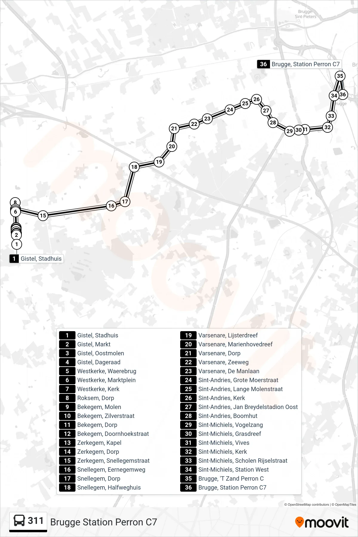 Lijn 311 (bus, Brugge Station Perron C7): route en haltes op de kaart