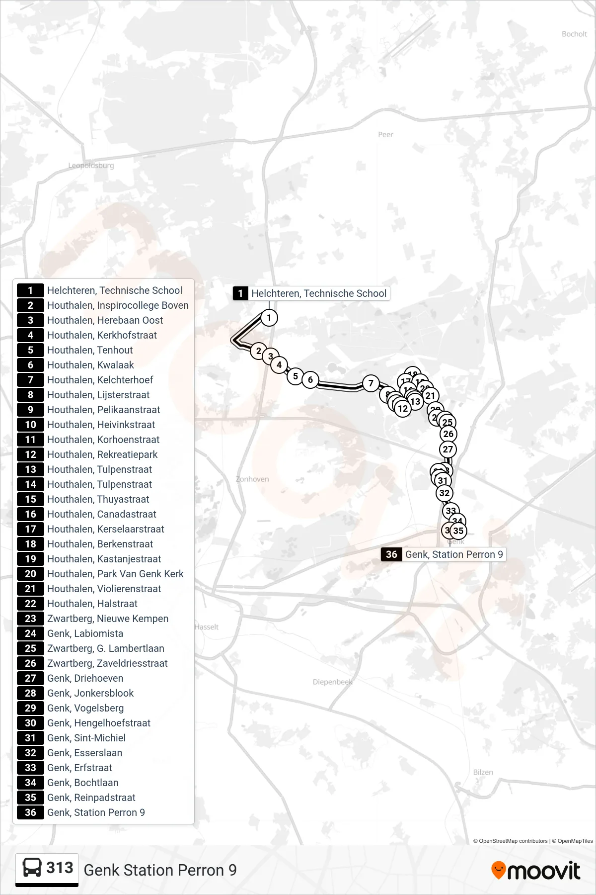 Lijn 313 (bus, Genk Station Perron 9): route en haltes op de kaart