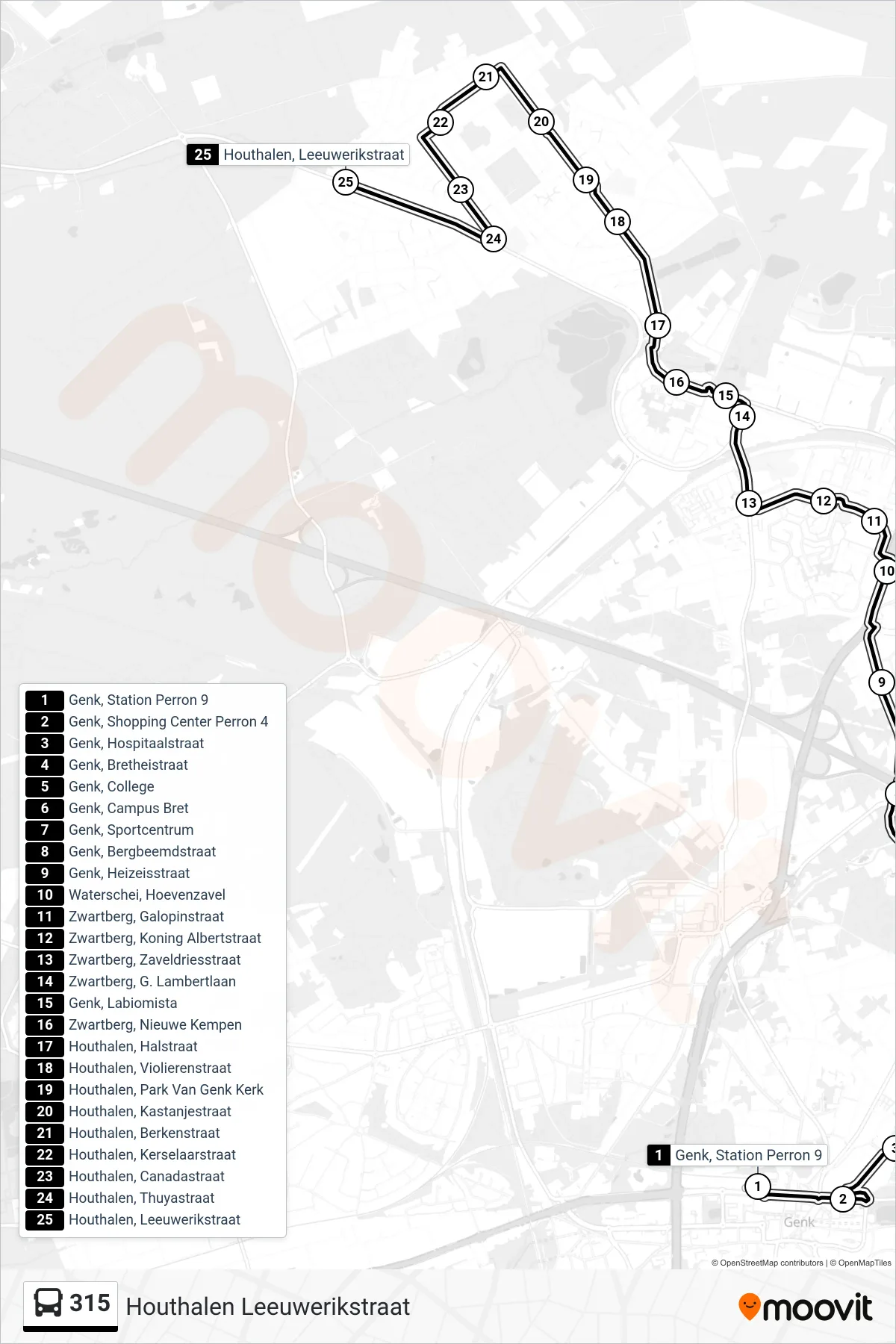 Lijn 315 (bus, Houthalen Leeuwerikstraat): route en haltes op de kaart