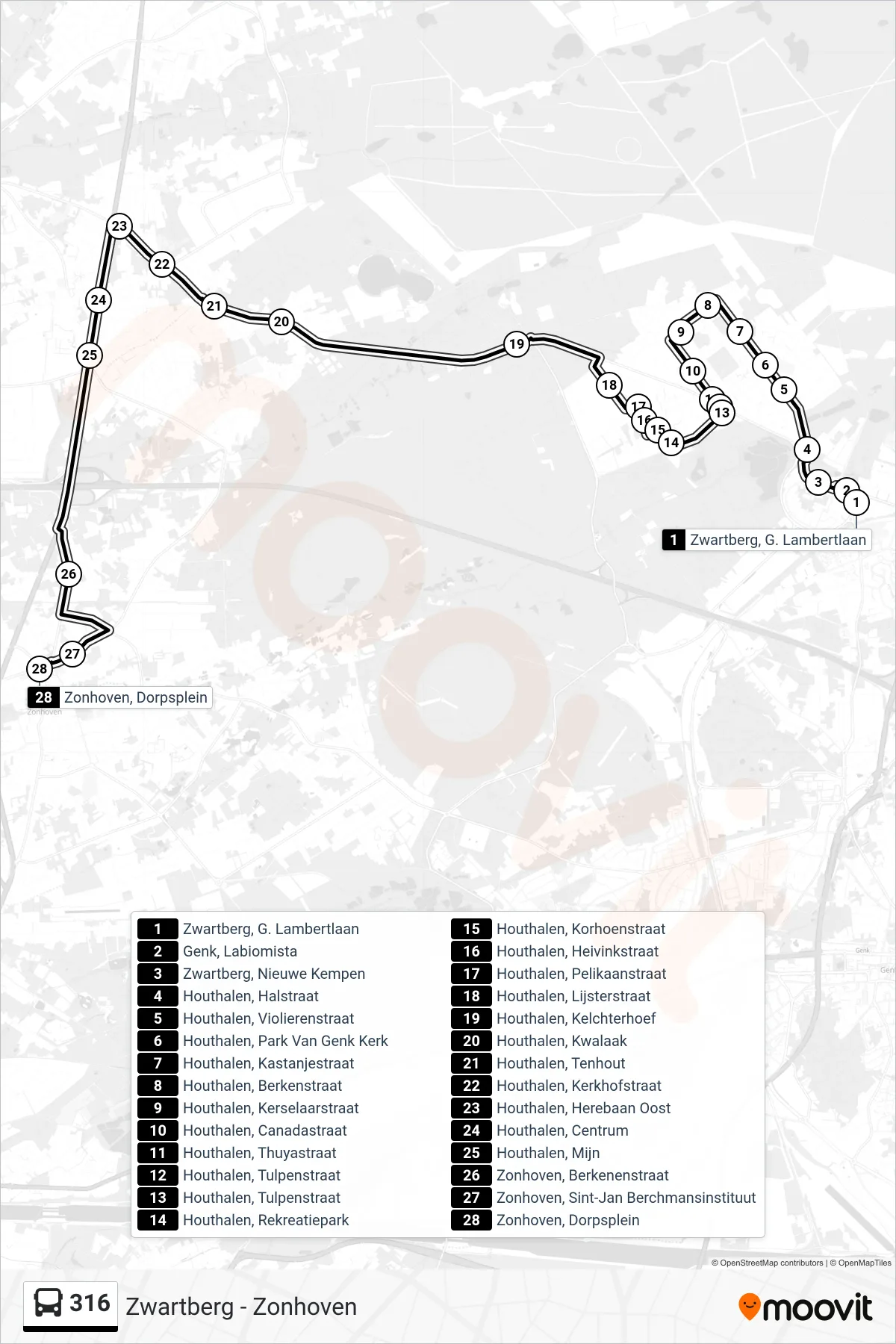 Lijn 316 (bus, Zonhoven Dorpsplein): route en haltes op de kaart