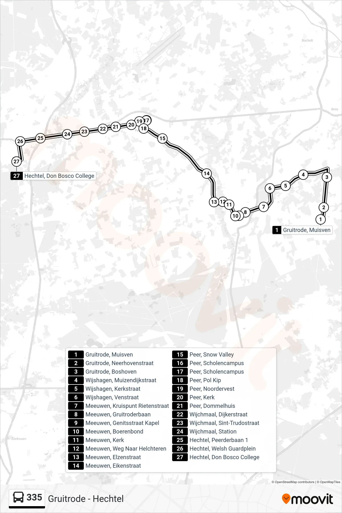 Lijn 335 (bus, Hechtel Don Bosco College): route en haltes op de kaart