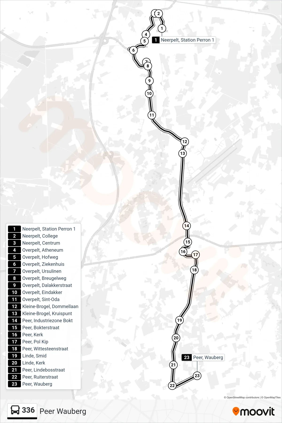 Lijn 336 (bus, Peer Wauberg): route en haltes op de kaart