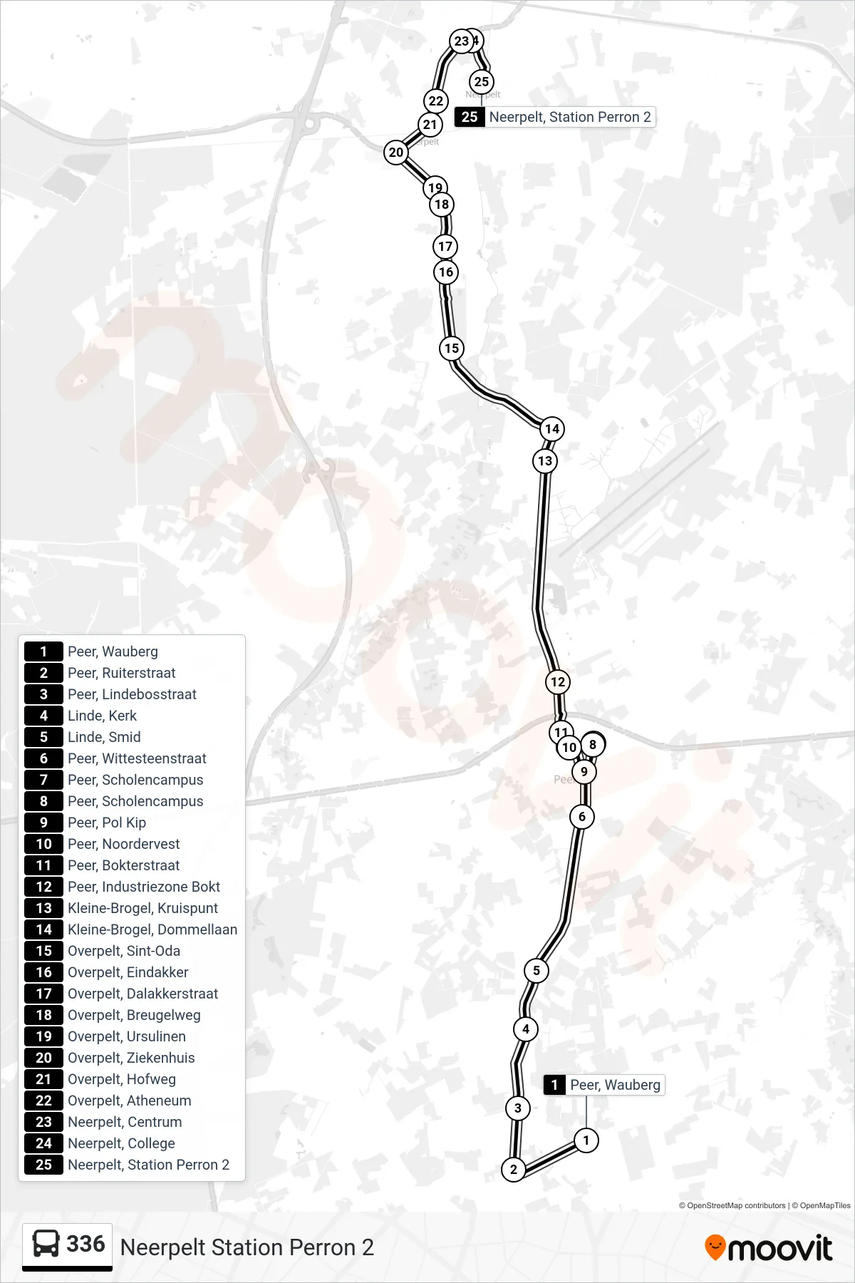 Lijn 336 (bus, Neerpelt Station Perron 2): route en haltes op de kaart
