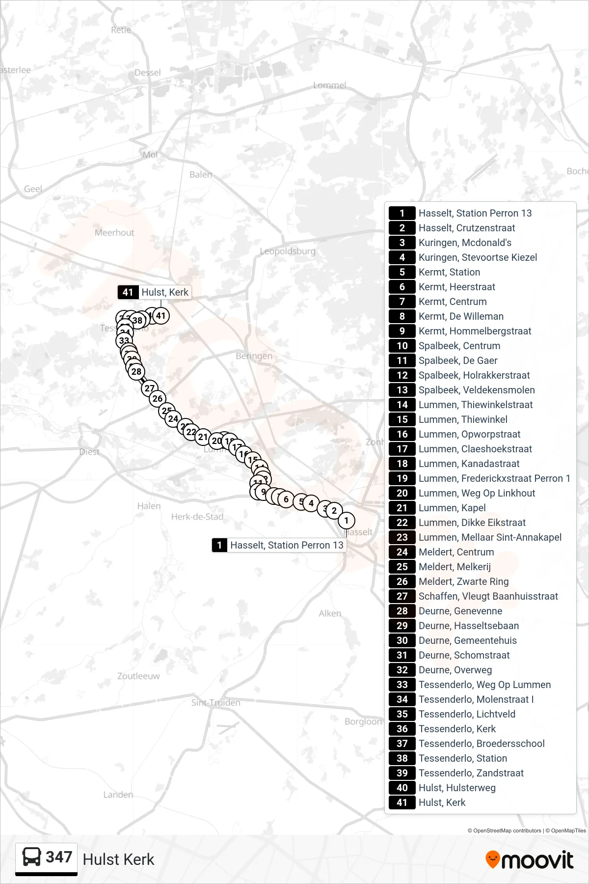 Lijn 347 (bus, Hulst Kerk): route en haltes op de kaart