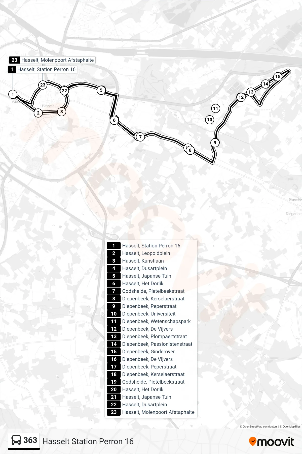Lijn 363 (bus, Hasselt Station Perron 16): route en haltes op de kaart