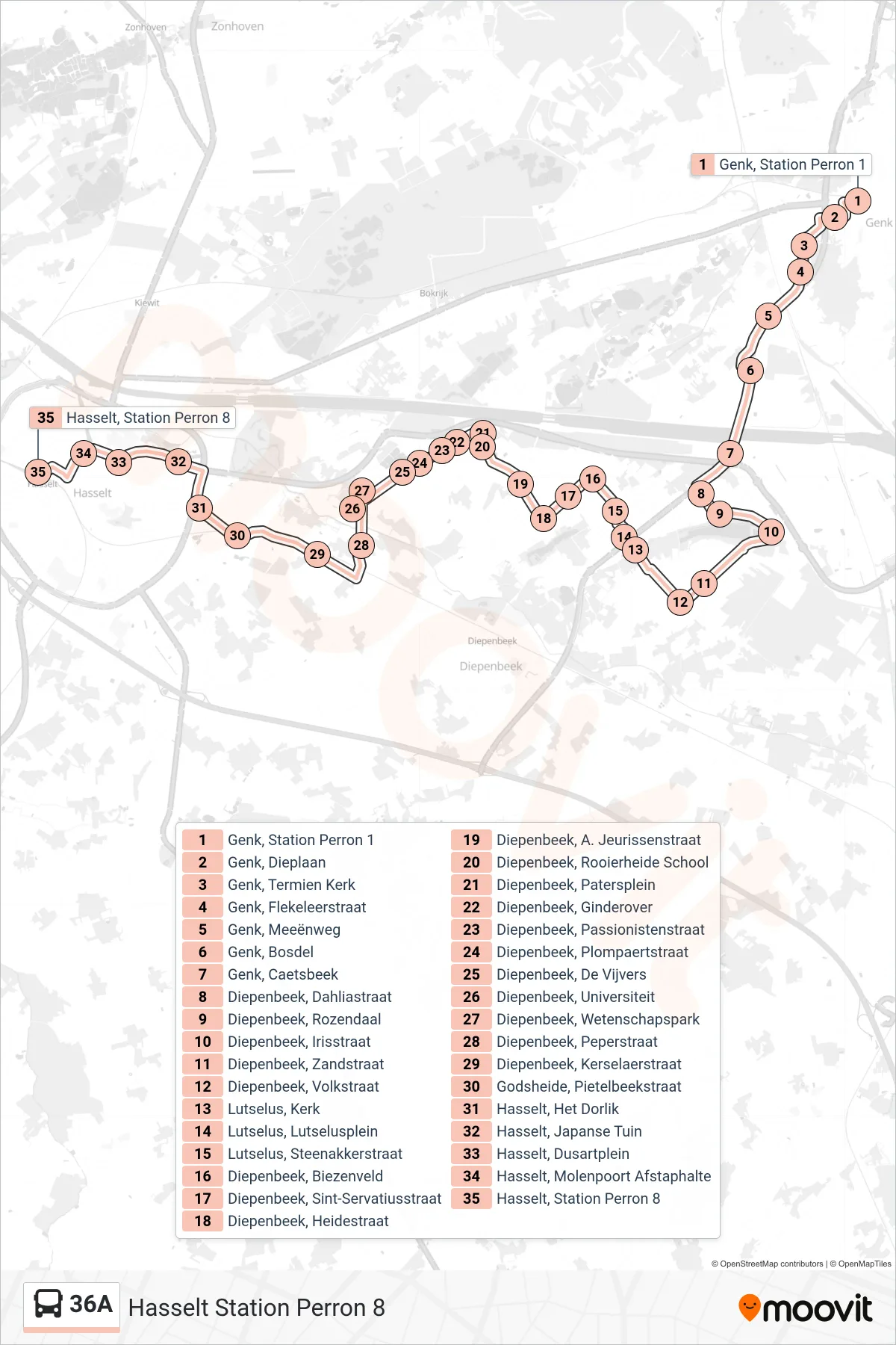Lijn 36A (bus, Hasselt Station Perron 8): route en haltes op de kaart