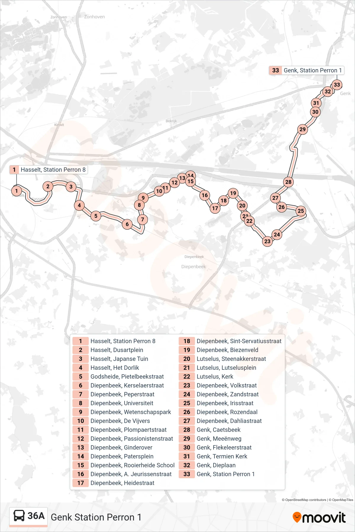Lijn 36A (bus, Genk Station Perron 1): route en haltes op de kaart