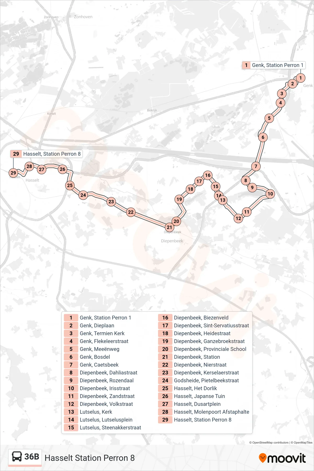 Lijn 36B (bus, Hasselt Station Perron 8): route en haltes op de kaart