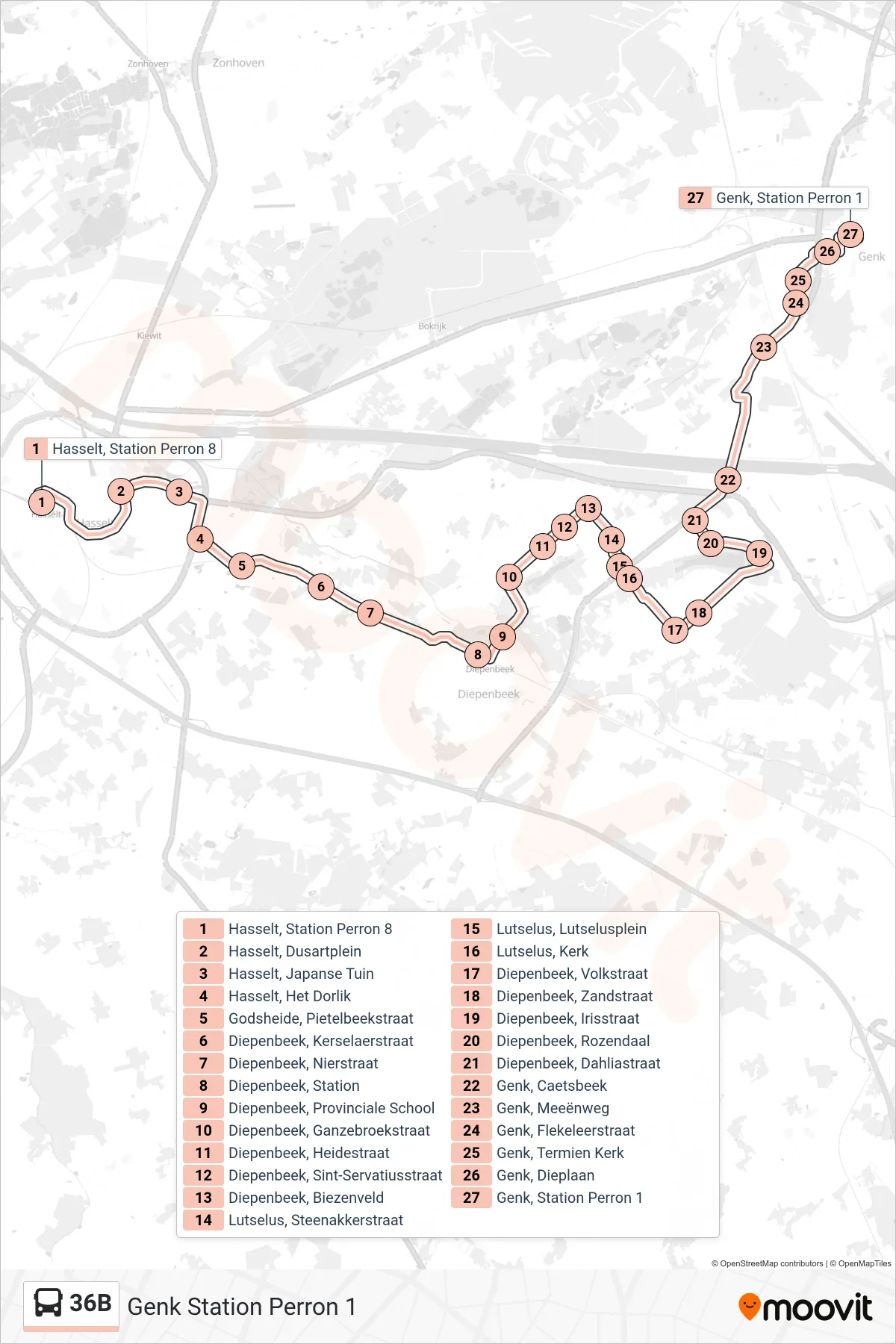 Lijn 36B (bus, Genk Station Perron 1): route en haltes op de kaart