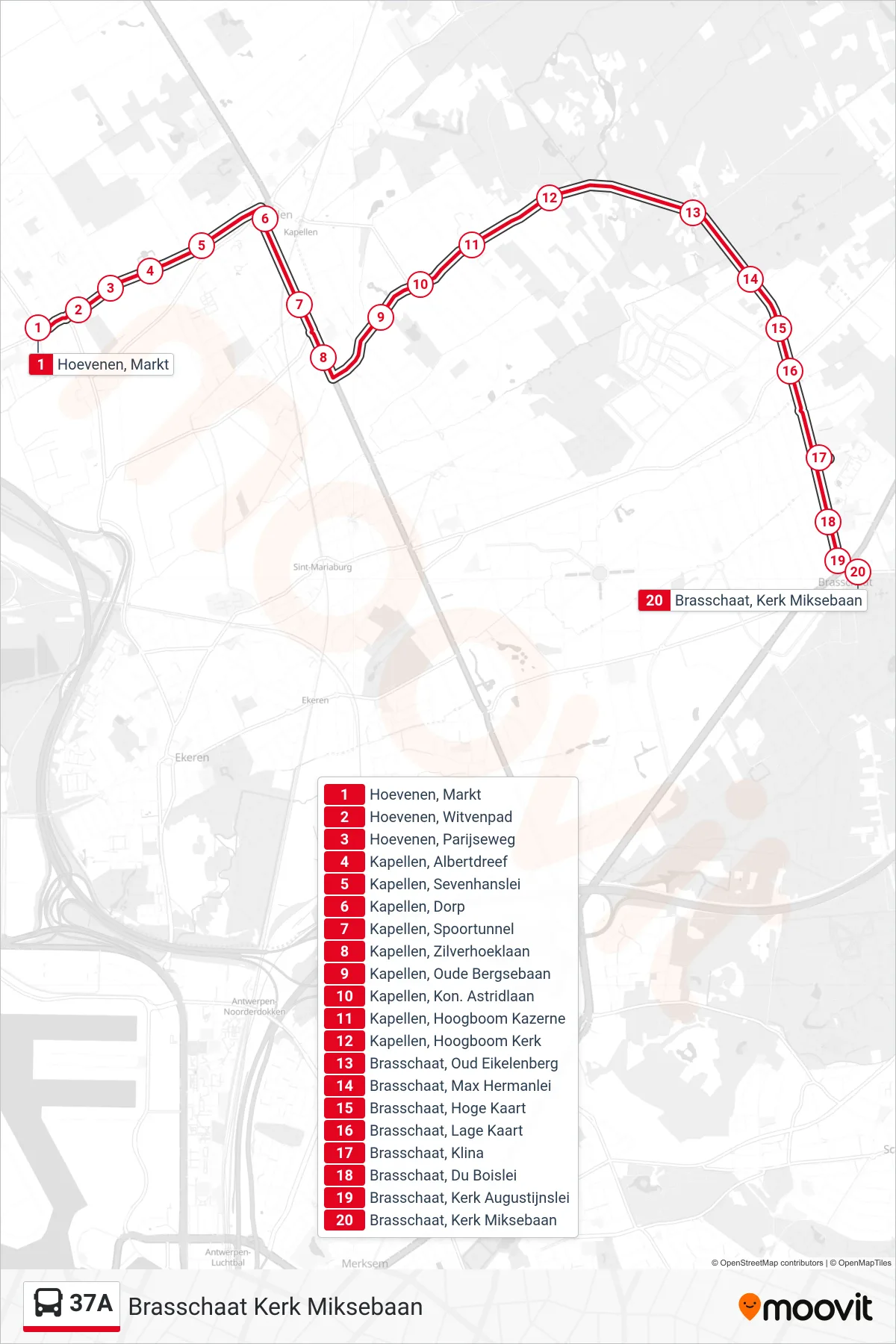 37A bus Line (Brasschaat Kerk Miksebaan) route and stops on a map