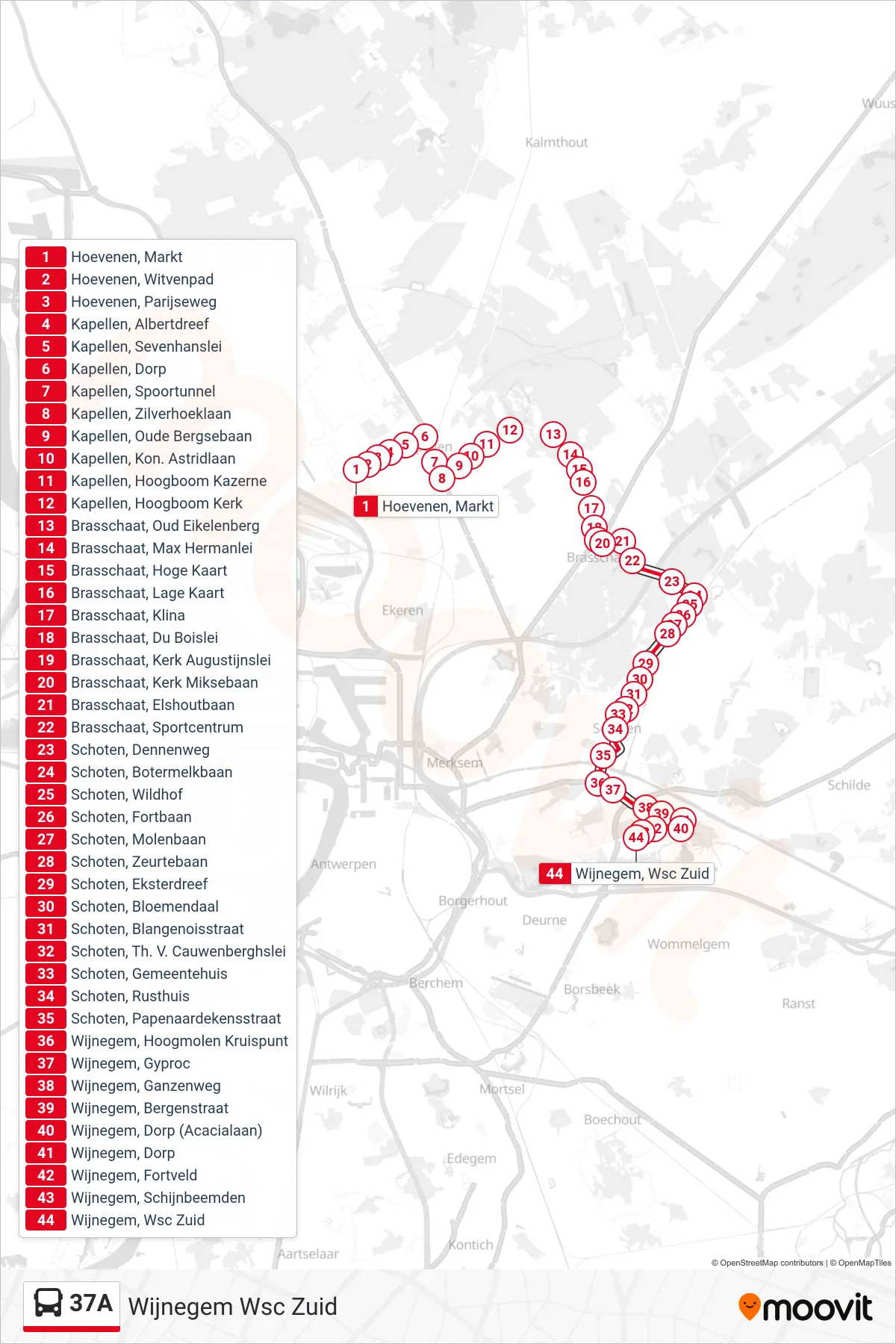 Lijn 37A (bus, Wijnegem Wsc Zuid): route en haltes op de kaart