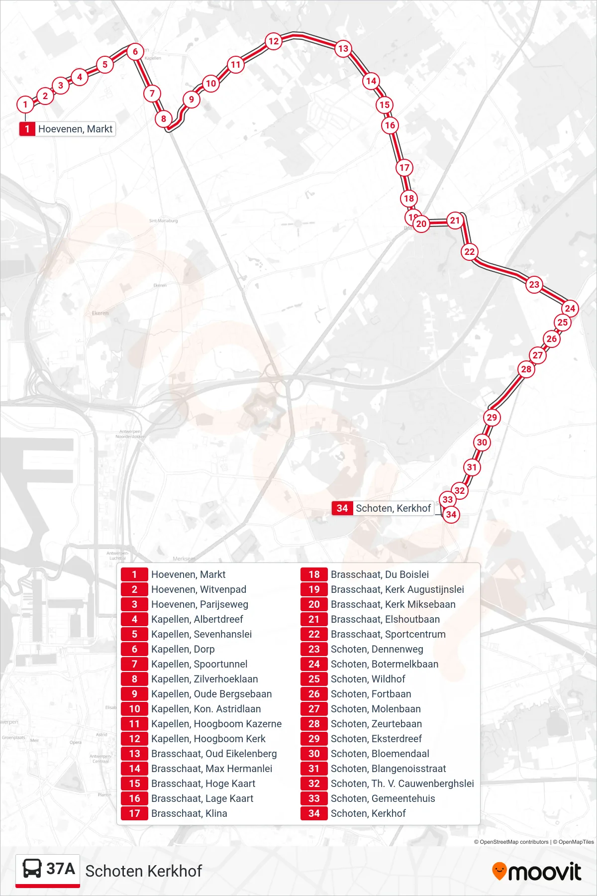 37A bus Line (Schoten Kerkhof) route and stops on a map