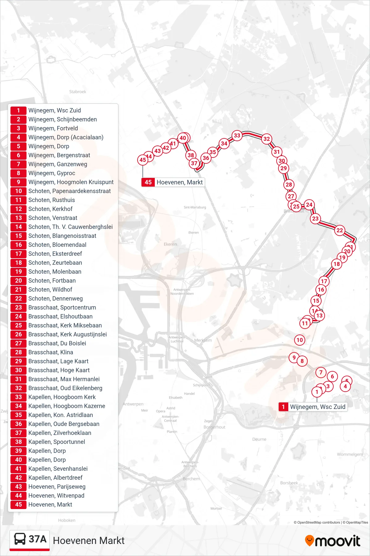 Lijn 37A (bus, Hoevenen Markt): route en haltes op de kaart