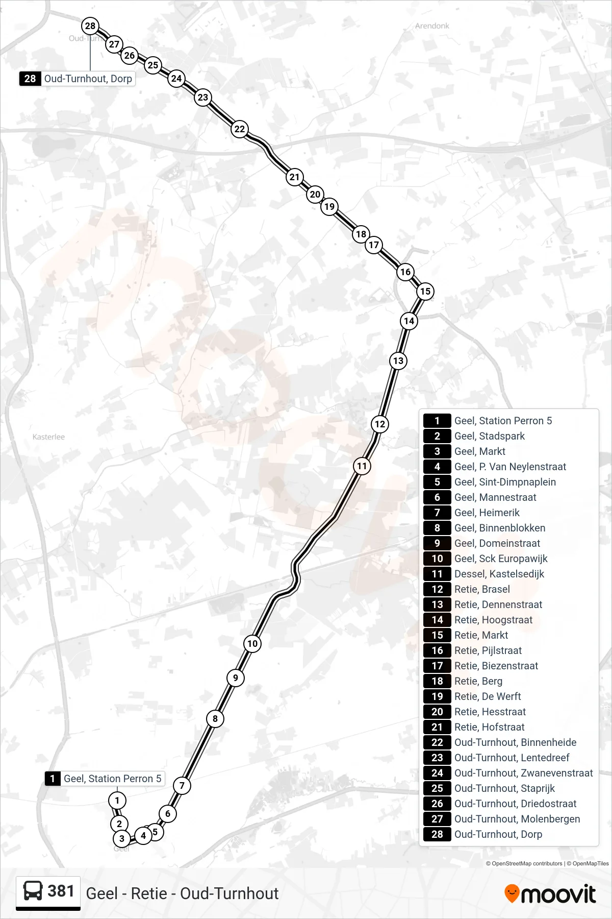Lijn 381 (bus, Oud-Turnhout Dorp): route en haltes op de kaart