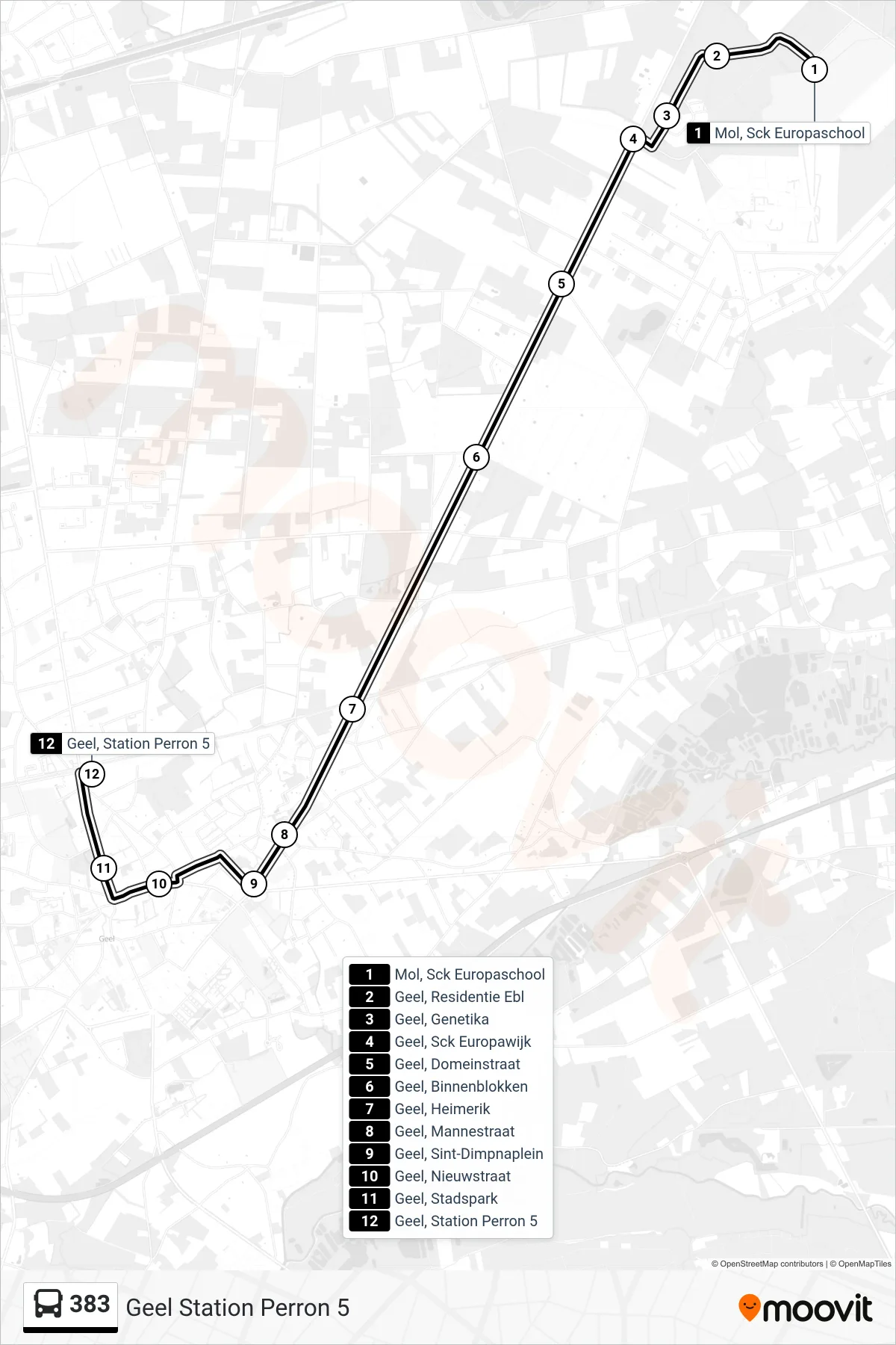 Lijn 383 (bus, Geel Station Perron 5): route en haltes op de kaart