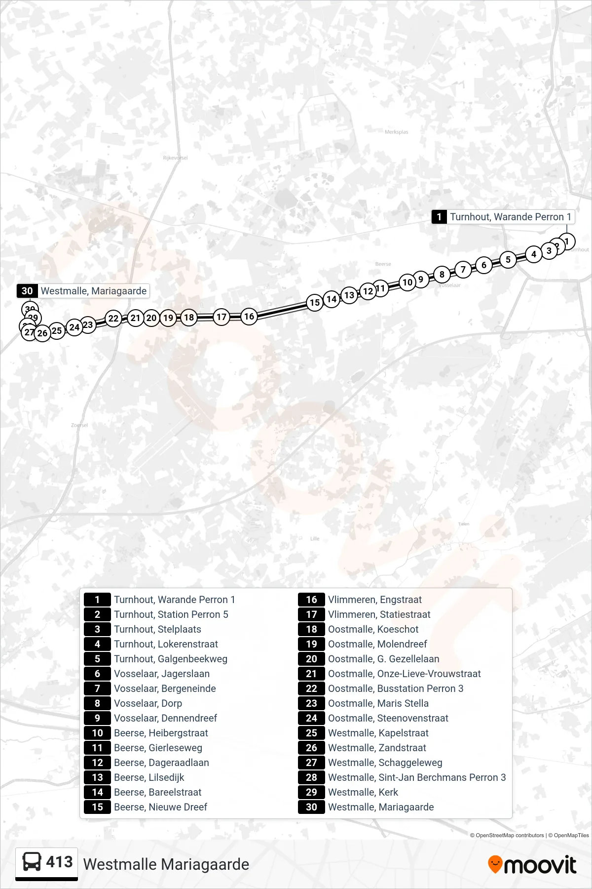 Lijn 413 (bus, Westmalle Mariagaarde): route en haltes op de kaart