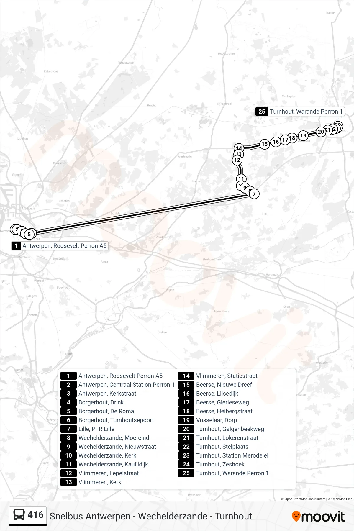 Lijn 416 (bus, Turnhout Warande Perron 1): route en haltes op de kaart