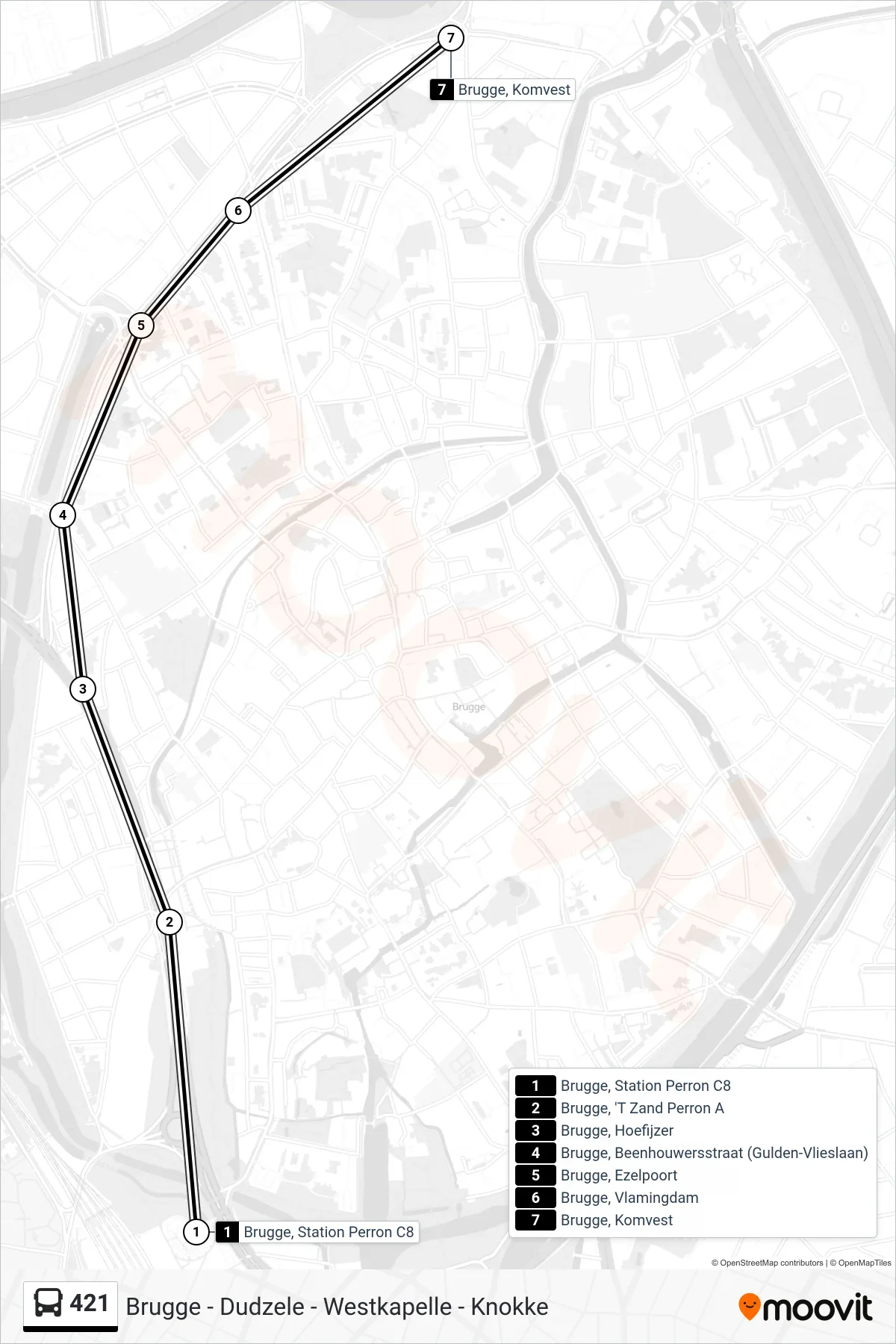 Lijn 421 (bus, Brugge Komvest): route en haltes op de kaart
