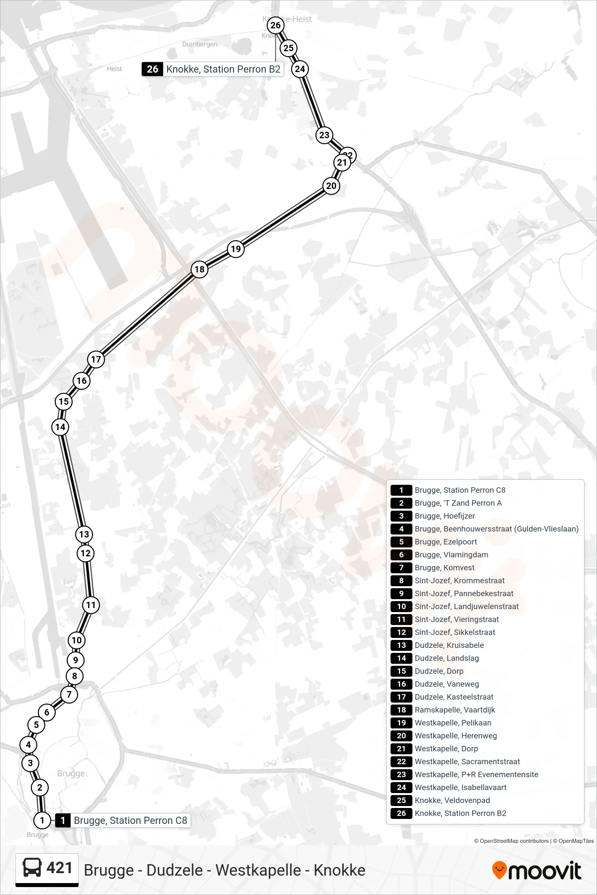421 bus Line (Knokke Station Perron B2) route and stops on a map