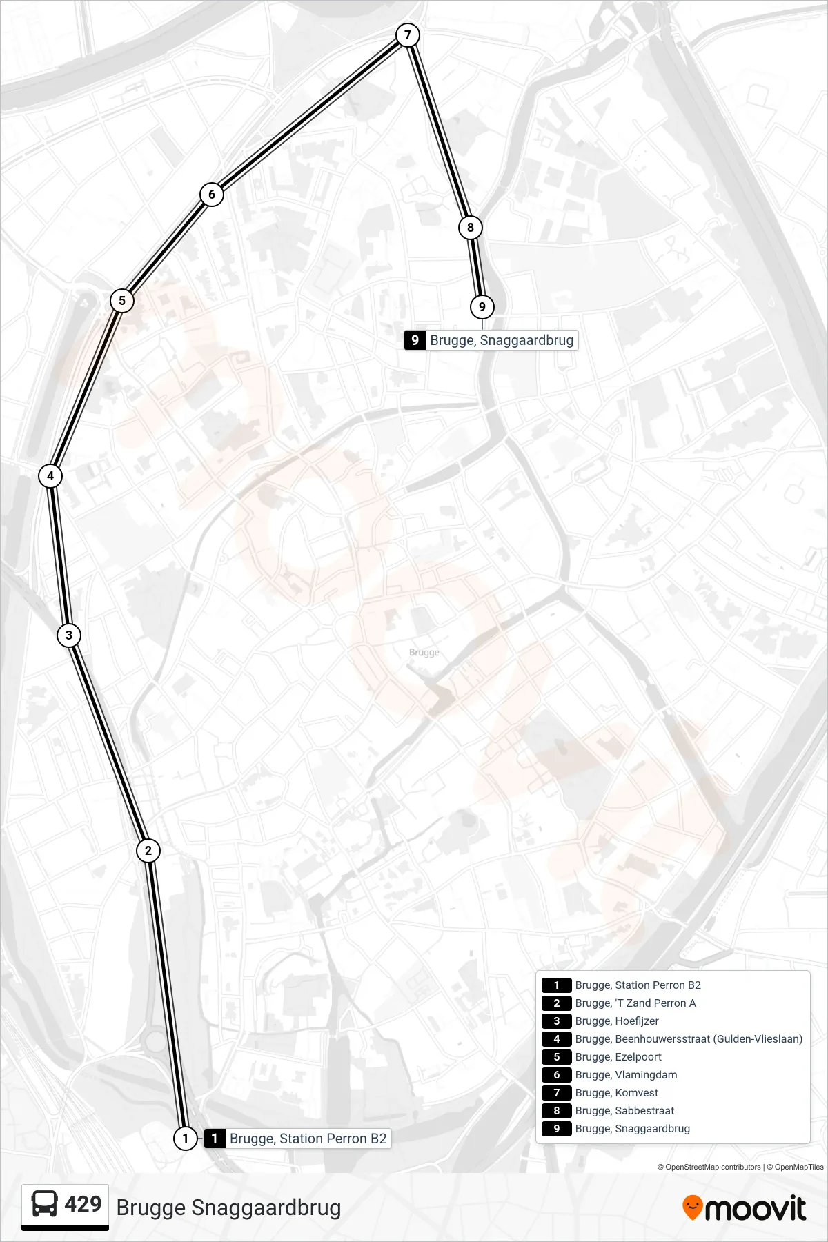 Lijn 429 (bus, Brugge Snaggaardbrug): route en haltes op de kaart