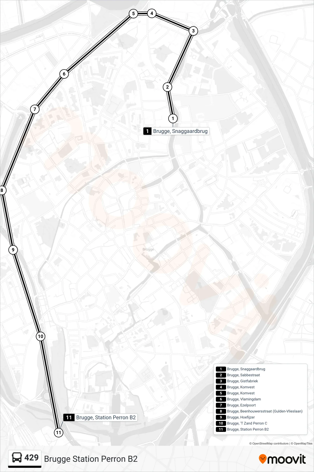 Lijn 429 (bus, Brugge Station Perron B2): route en haltes op de kaart
