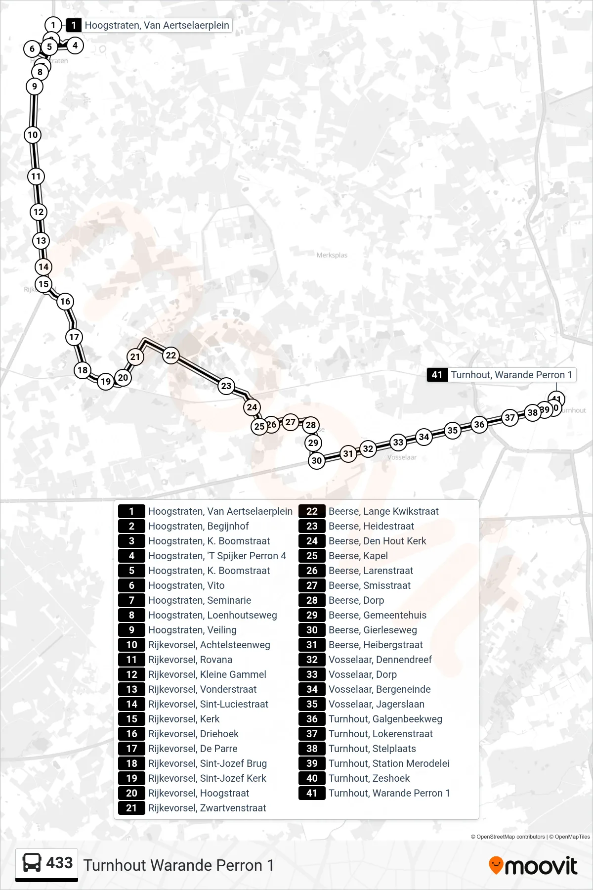 Lijn 433 (bus, Turnhout Warande Perron 1): route en haltes op de kaart