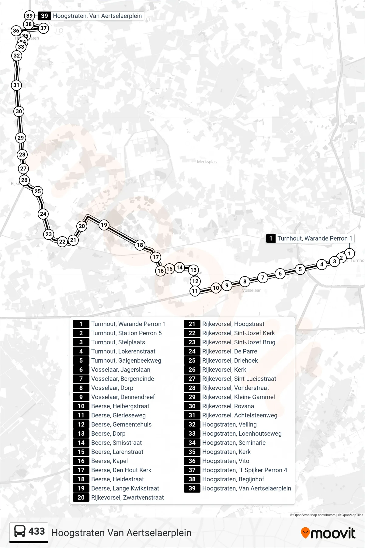 Lijn 433 (bus, Hoogstraten Van Aertselaerplein): route en haltes op de kaart