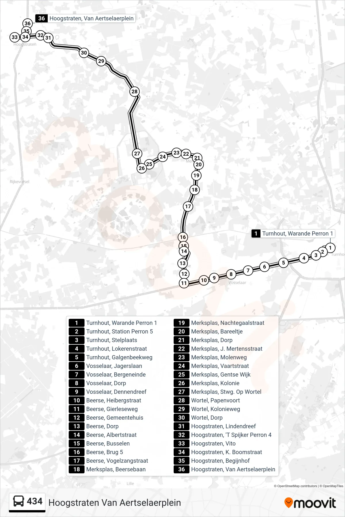 Lijn 434 (bus, Hoogstraten Van Aertselaerplein): route en haltes op de kaart
