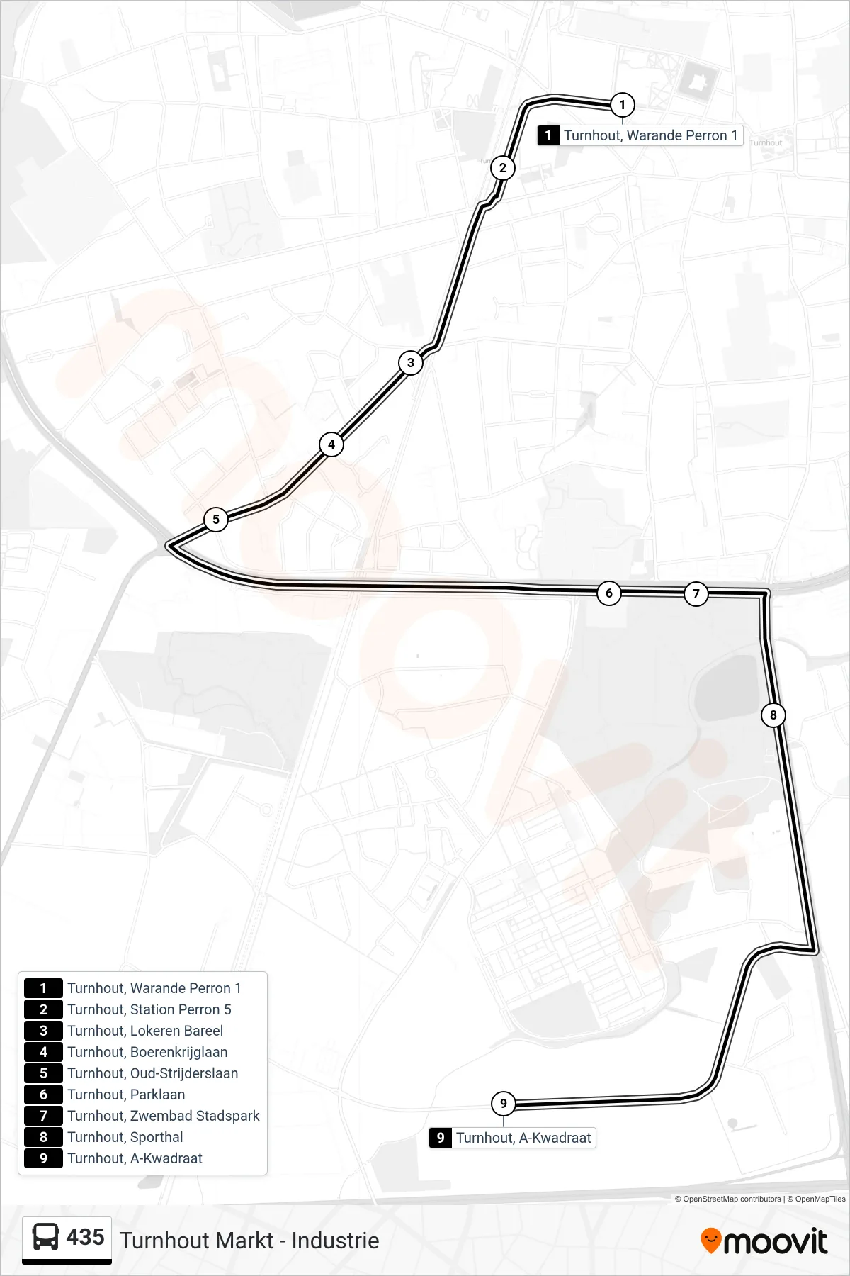 Lijn 435 (bus, Turnhout A-Kwadraat): route en haltes op de kaart