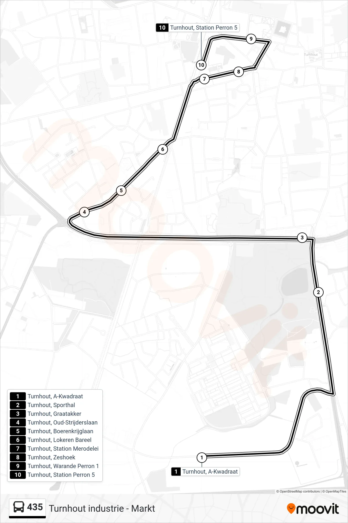 Lijn 435 (bus, Turnhout Station Perron 5): route en haltes op de kaart