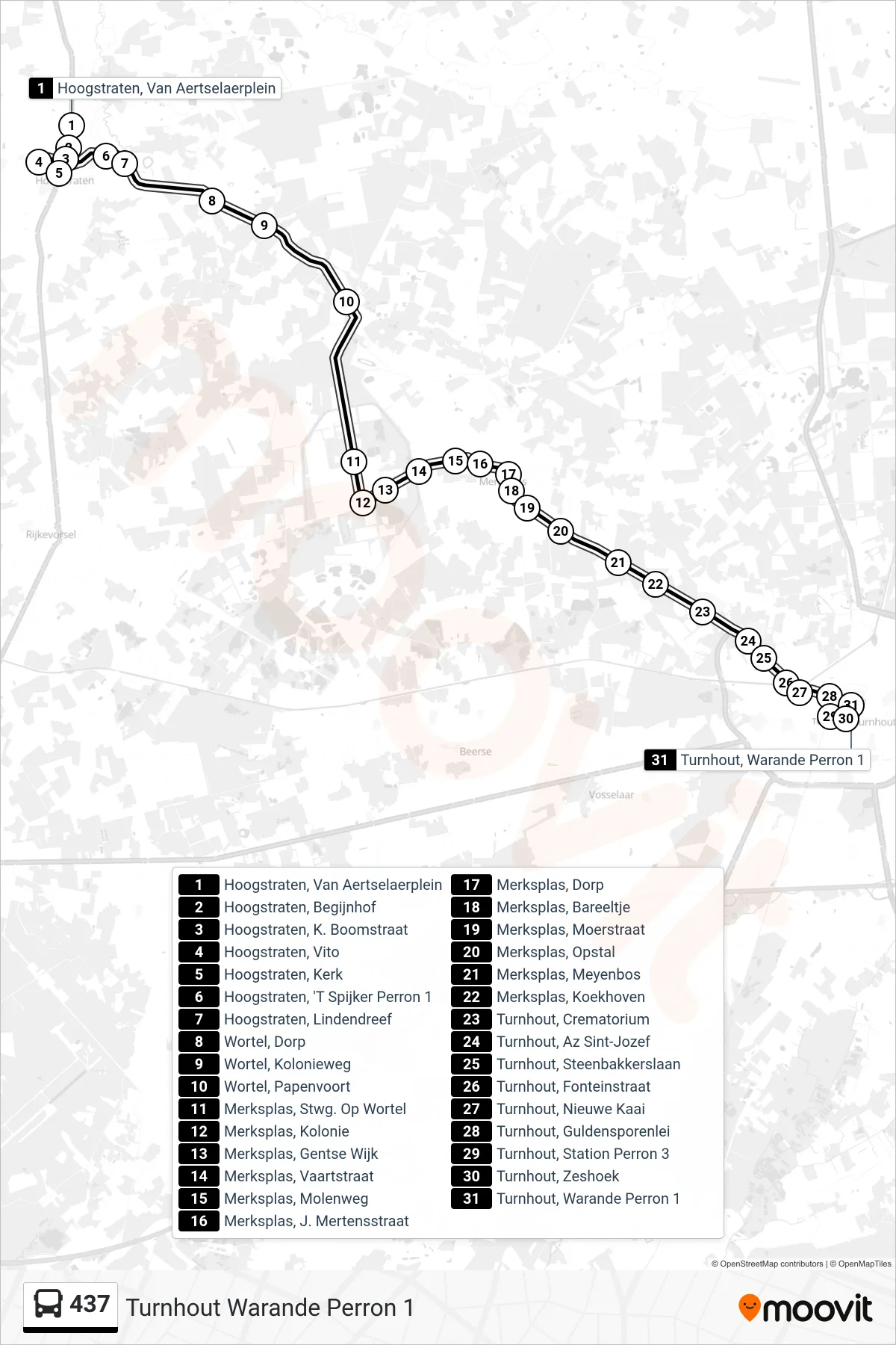 Lijn 437 (bus, Turnhout Warande Perron 1): route en haltes op de kaart
