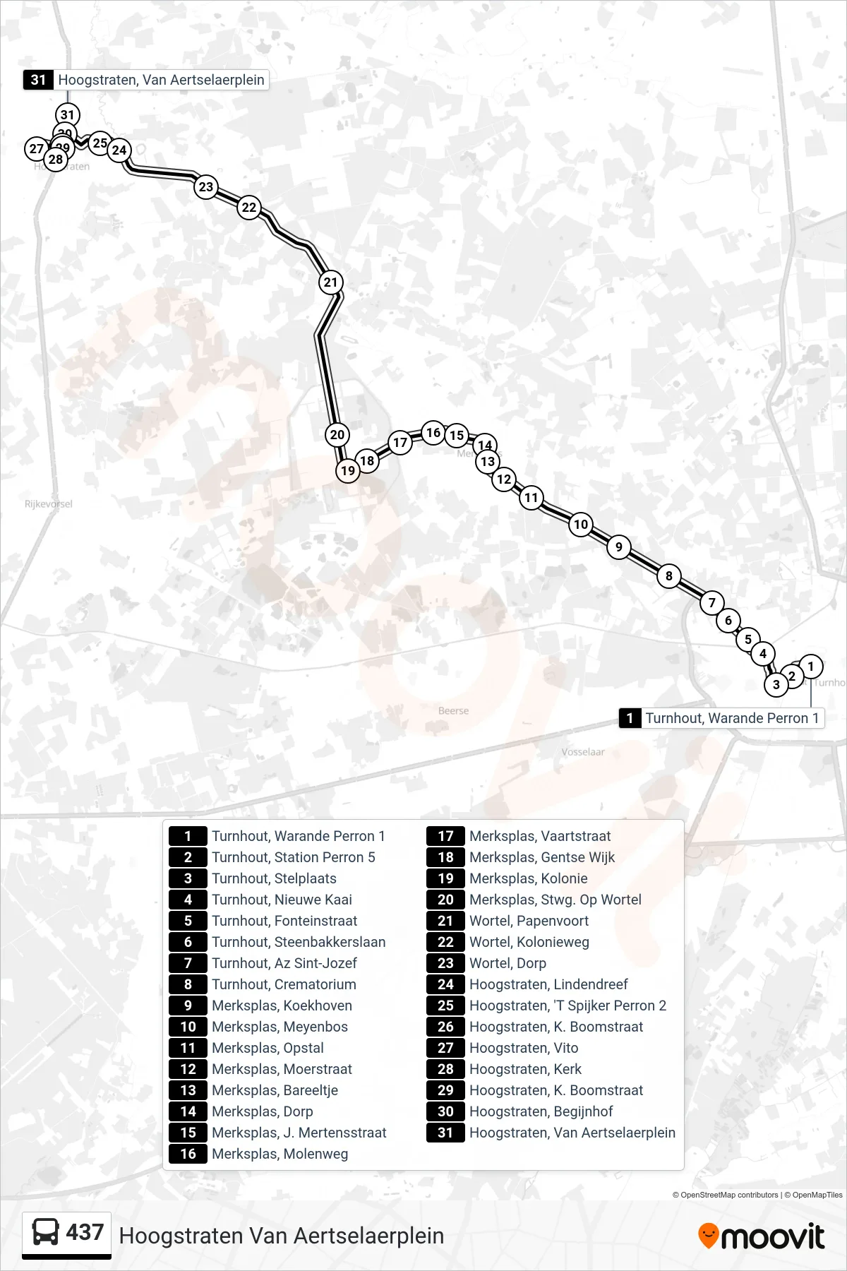 Lijn 437 (bus, Hoogstraten Van Aertselaerplein): route en haltes op de kaart