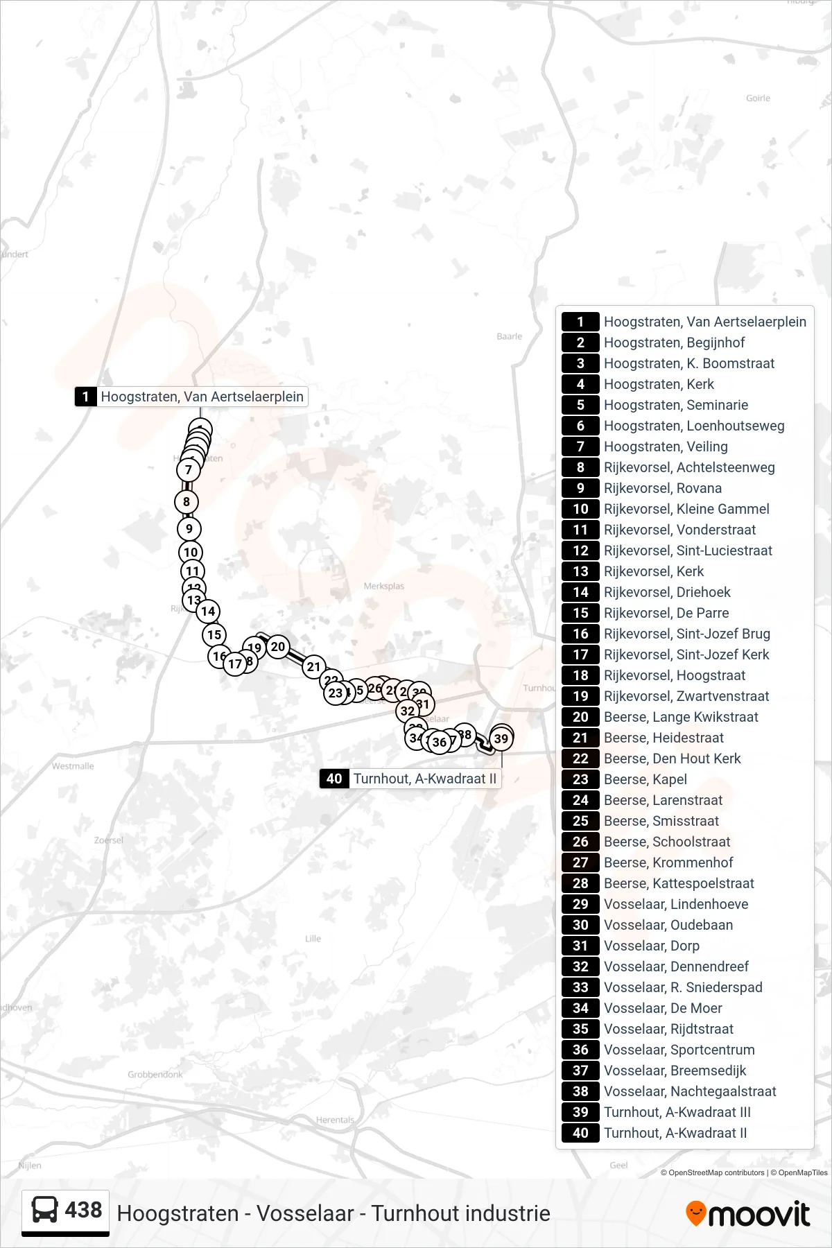 Lijn 438 (bus, Turnhout A-Kwadraat II): route en haltes op de kaart