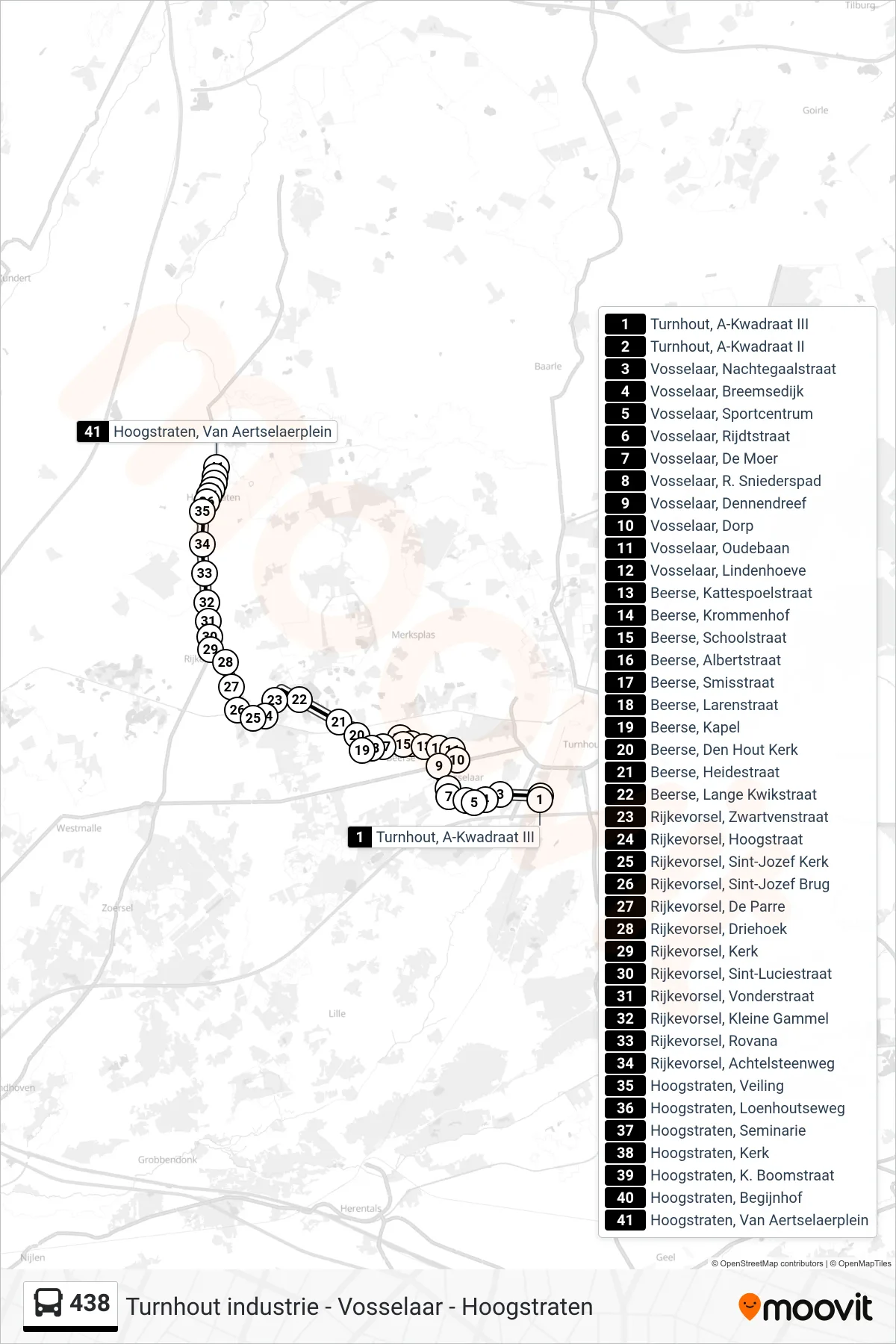 Lijn 438 (bus, Hoogstraten Van Aertselaerplein): route en haltes op de kaart
