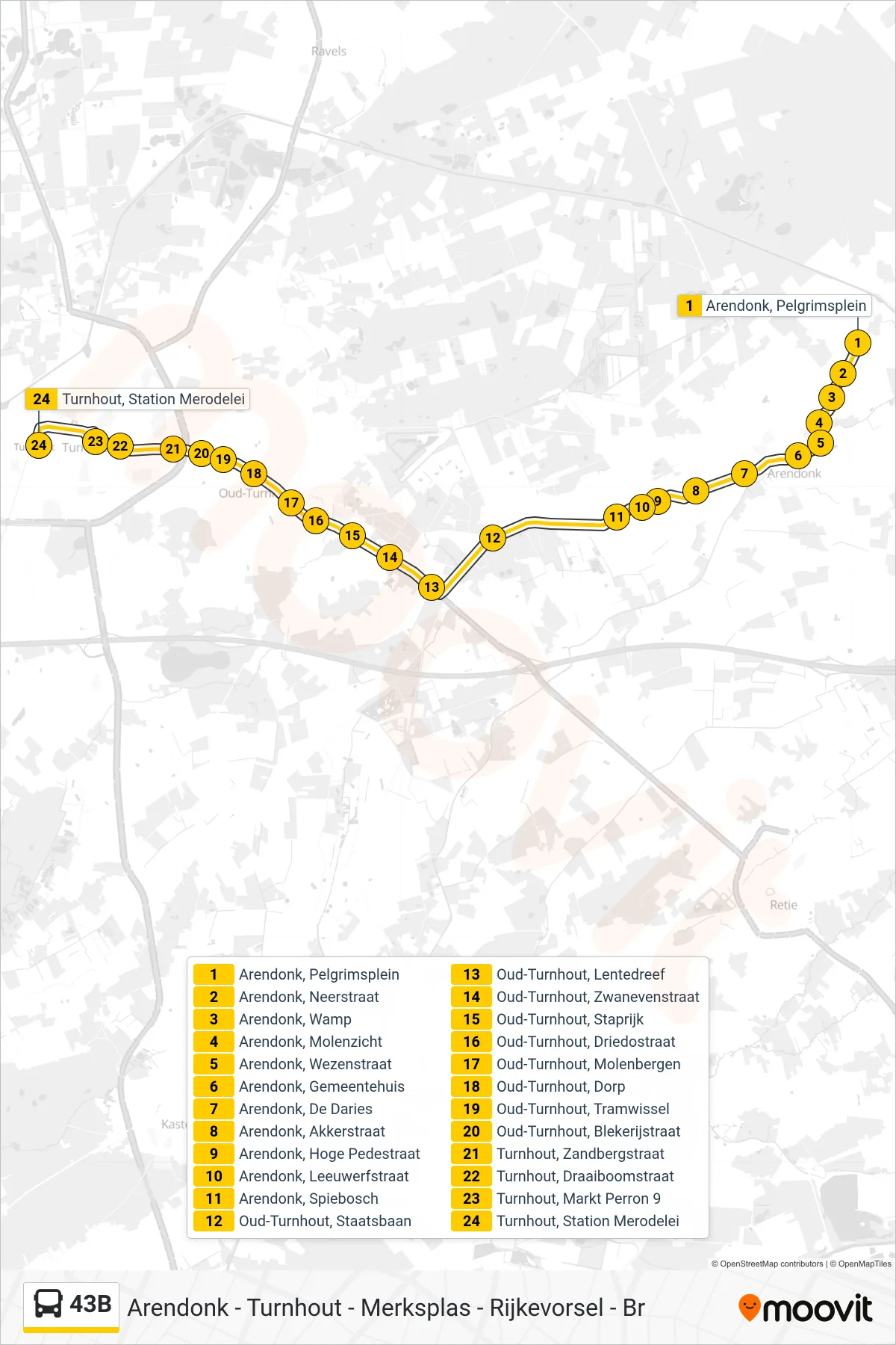 43B bus Line (Turnhout Station Merodelei) route and stops on a map
