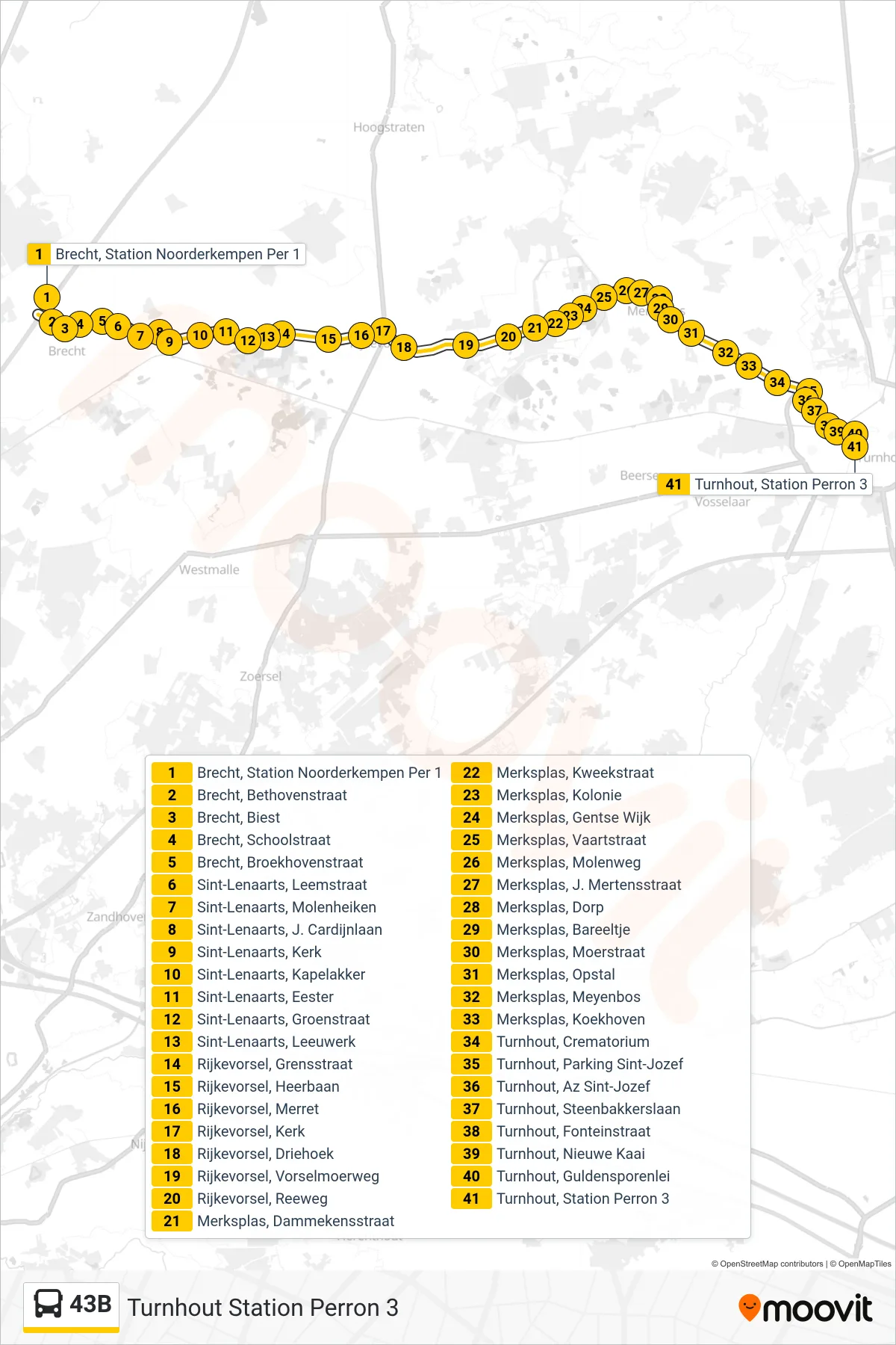 Lijn 43B (bus, Turnhout Station Perron 3): route en haltes op de kaart