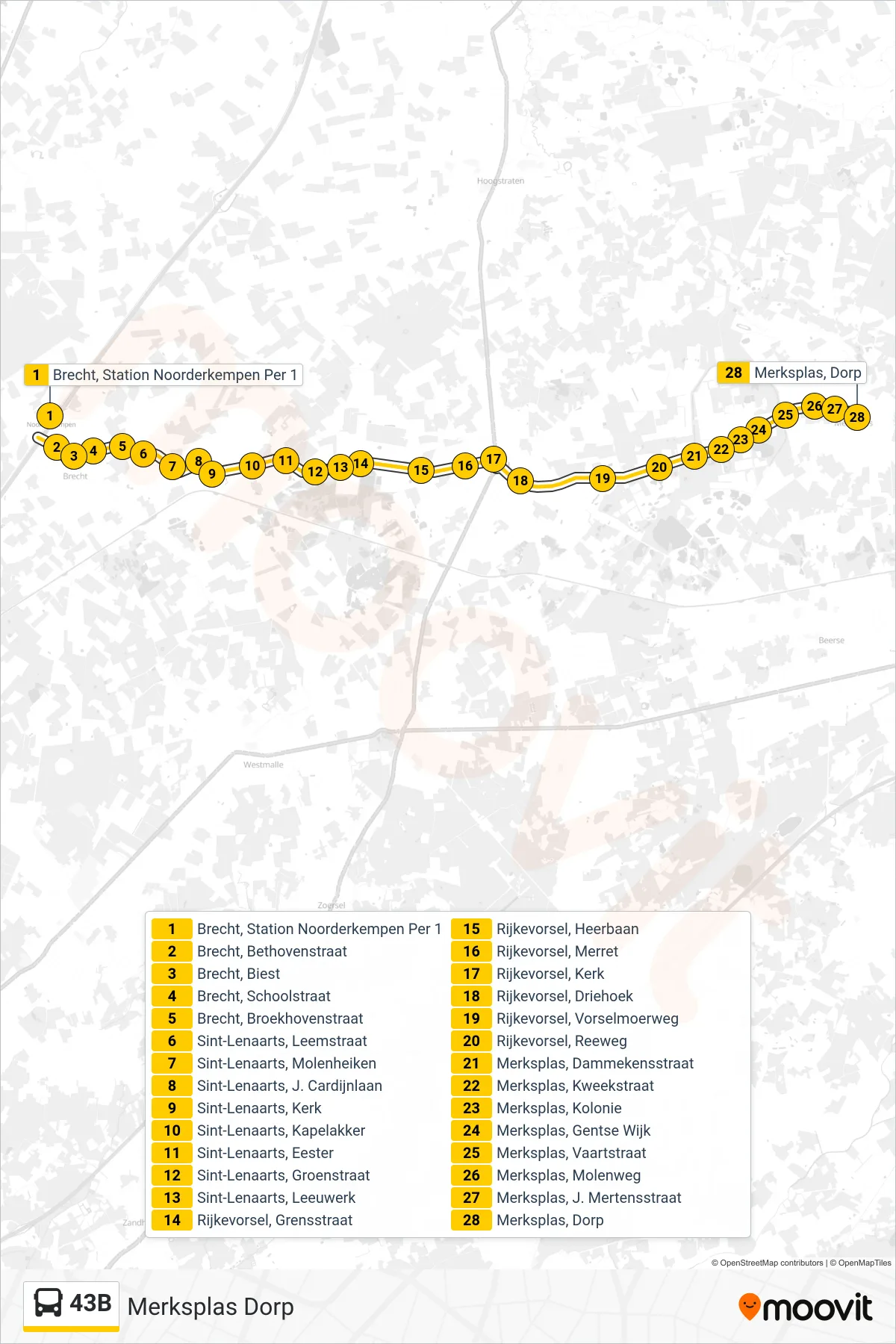 Lijn 43B (bus, Merksplas Dorp): route en haltes op de kaart