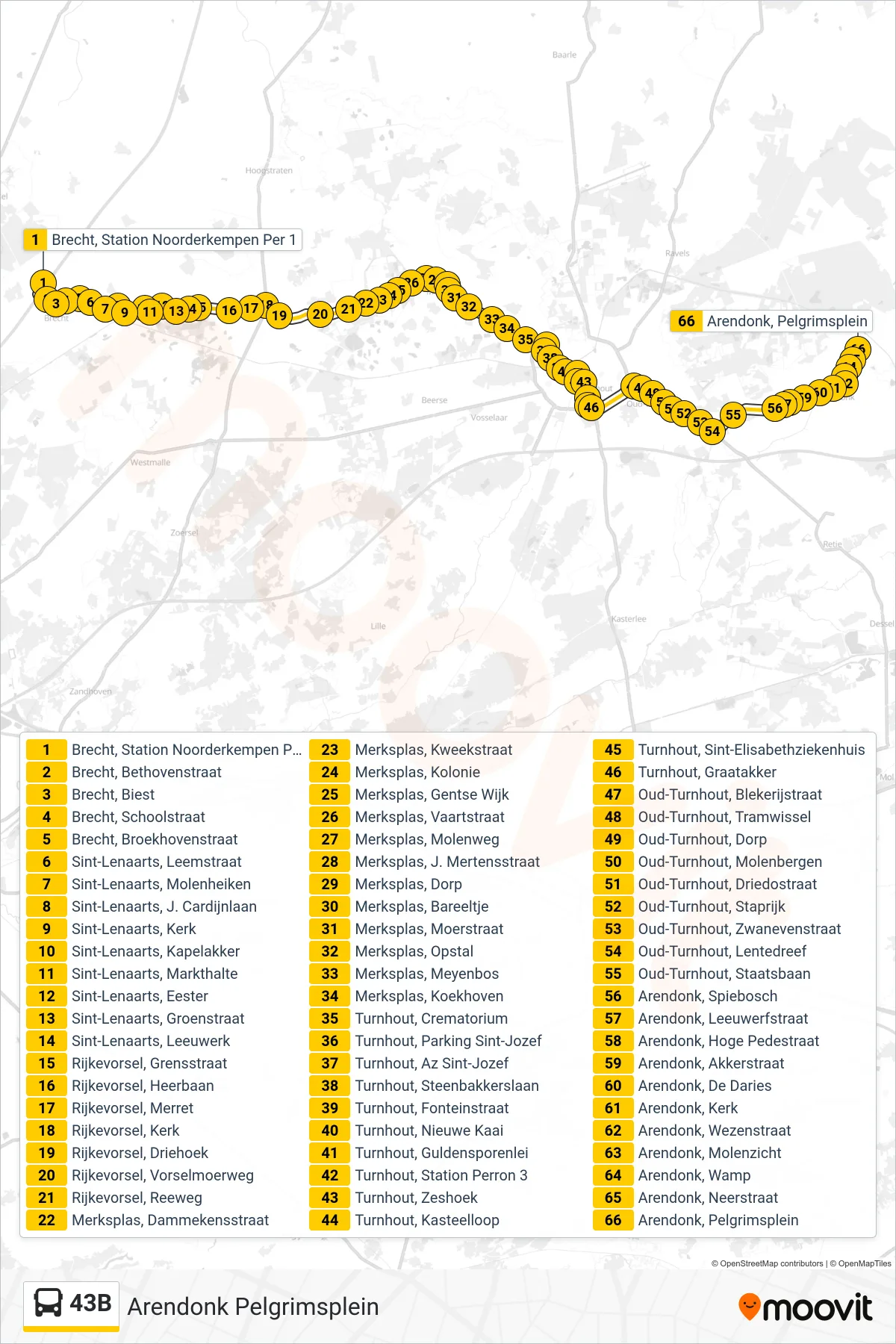 Lijn 43B (bus, Arendonk Pelgrimsplein): route en haltes op de kaart