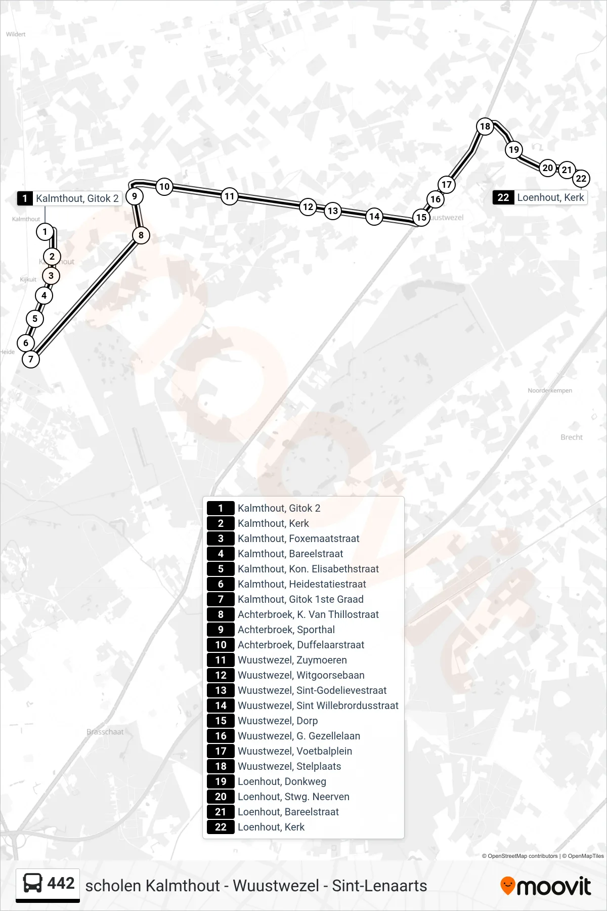 Lijn 442 (bus, Loenhout Kerk): route en haltes op de kaart
