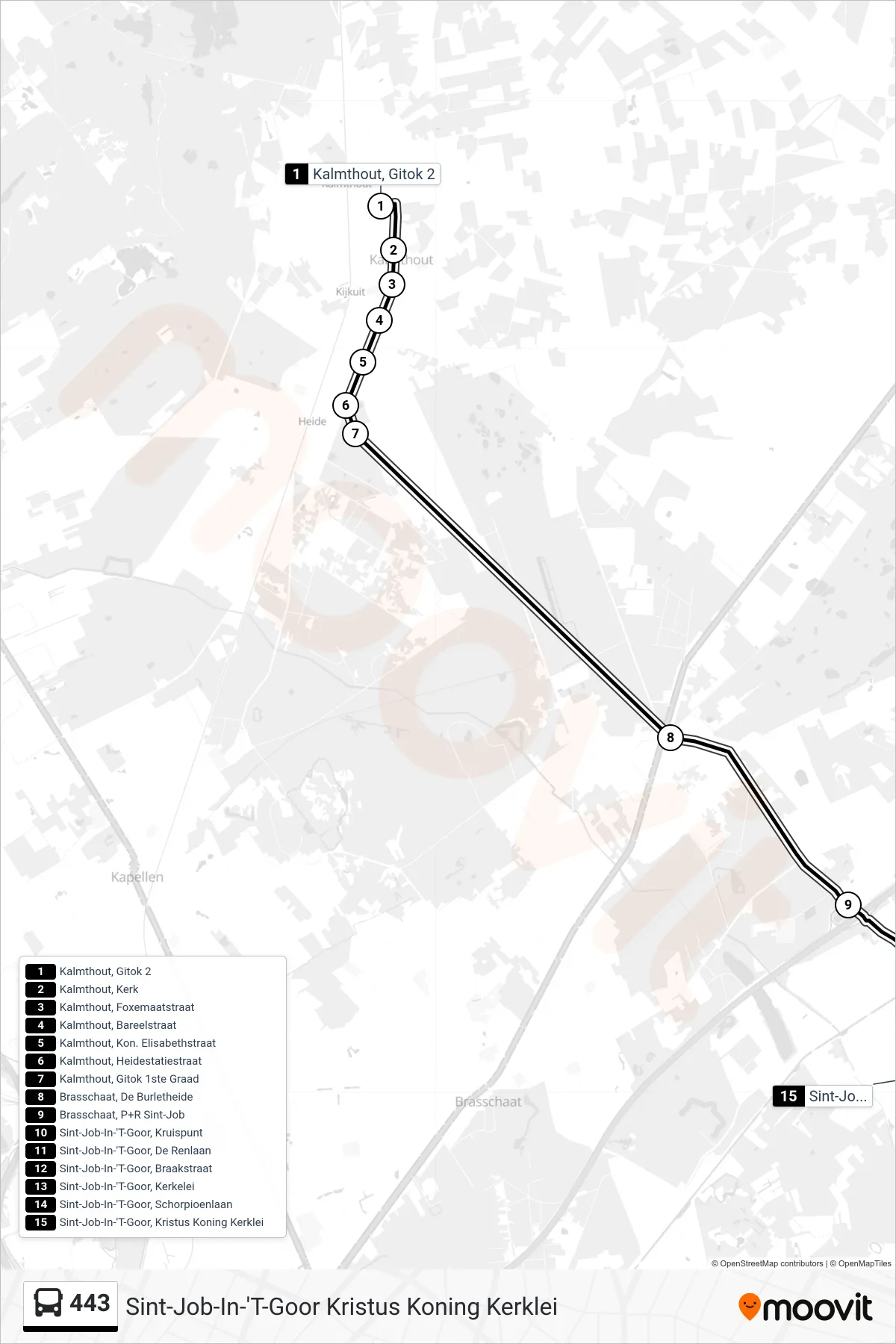 Lijn 443 (bus, Sint-Job-In-'T-Goor Kristus Koning Kerklei): route en haltes op de kaart