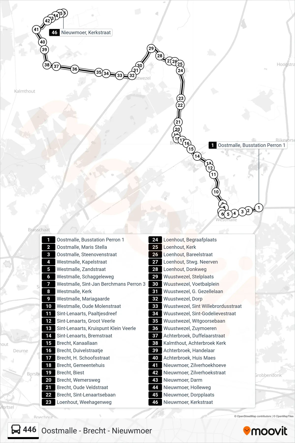 Lijn 446 (bus, Nieuwmoer Kerkstraat): route en haltes op de kaart