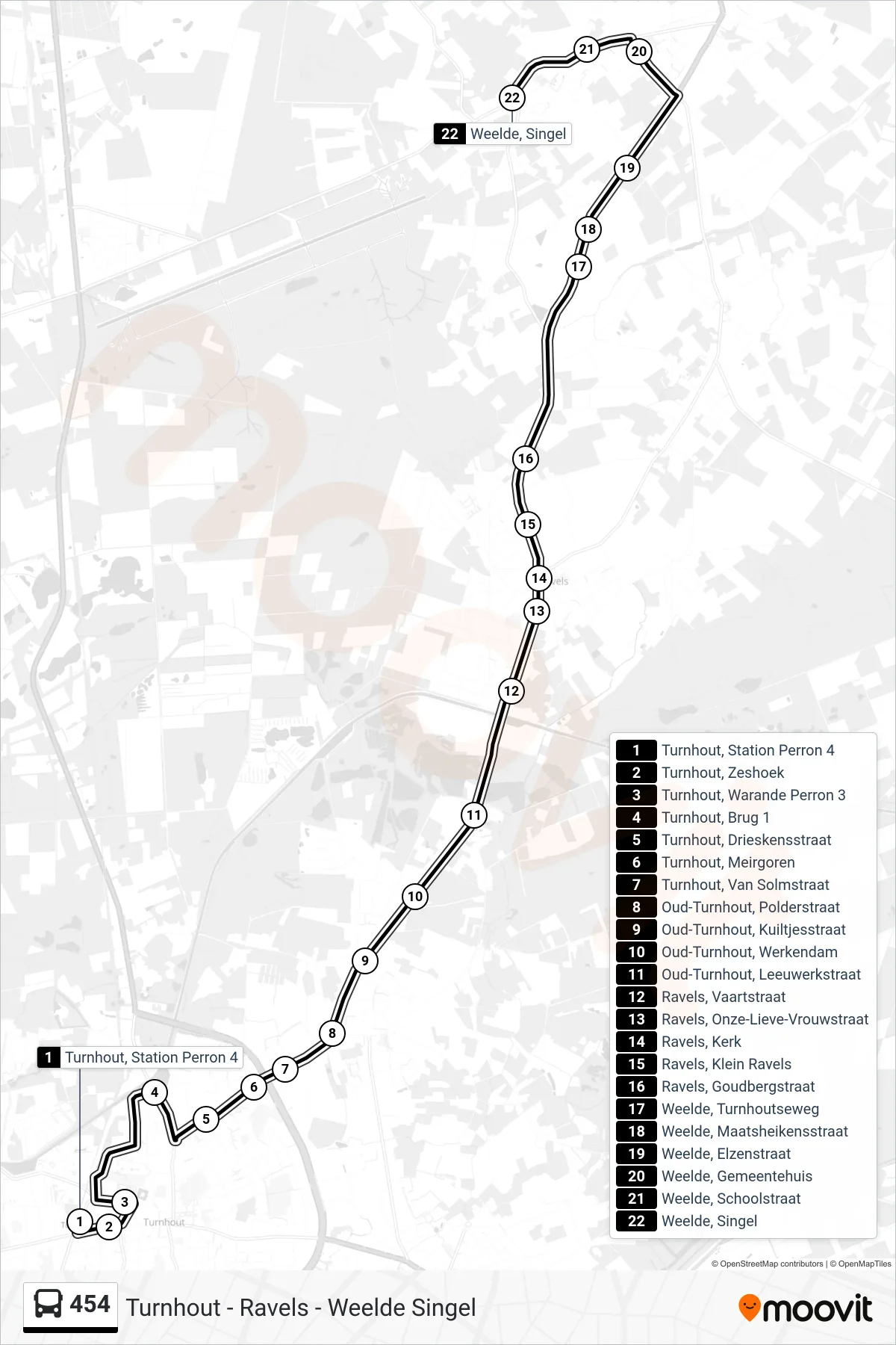 Lijn 454 (bus, Weelde Singel): route en haltes op de kaart