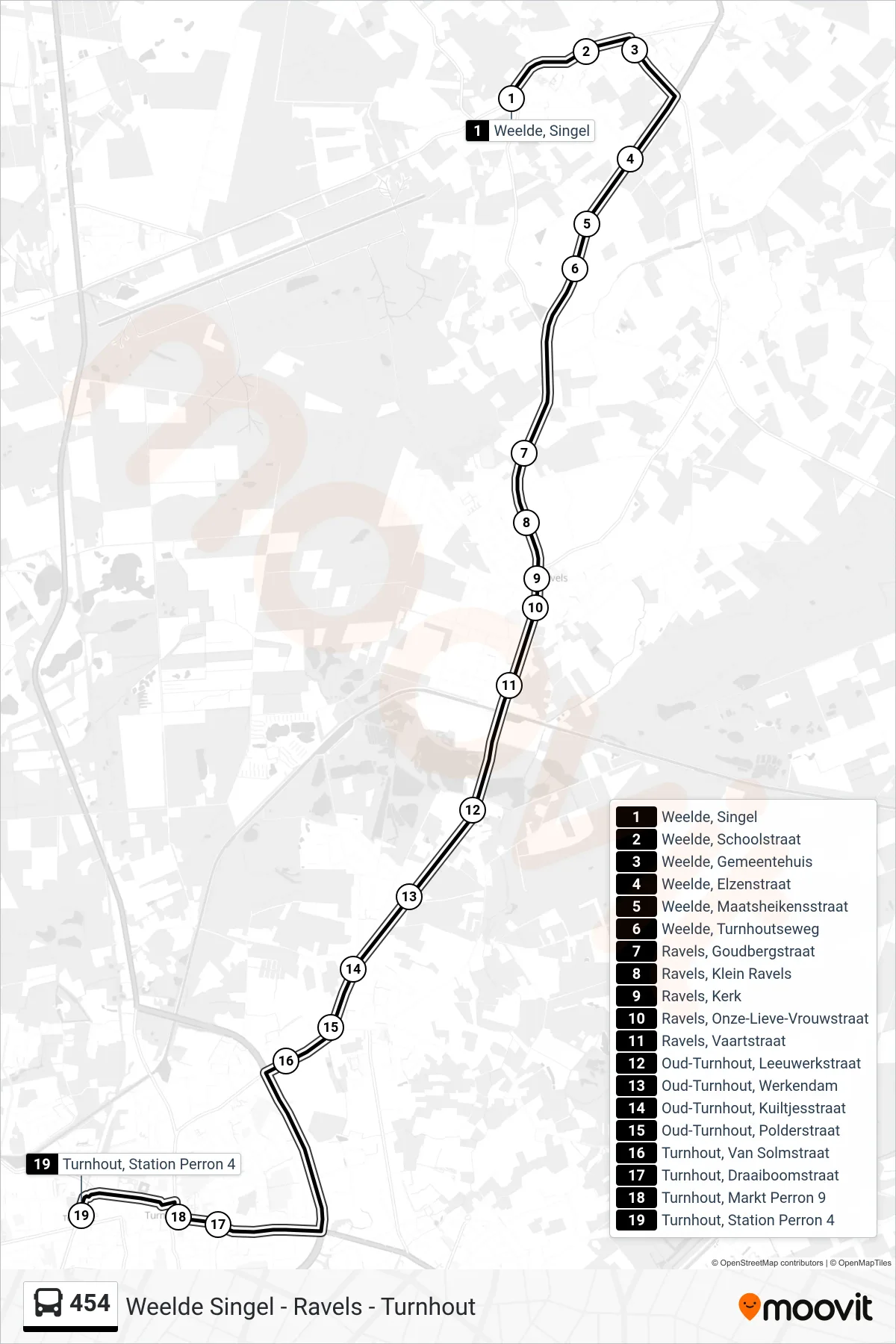Lijn 454 (bus, Turnhout Station Perron 4): route en haltes op de kaart