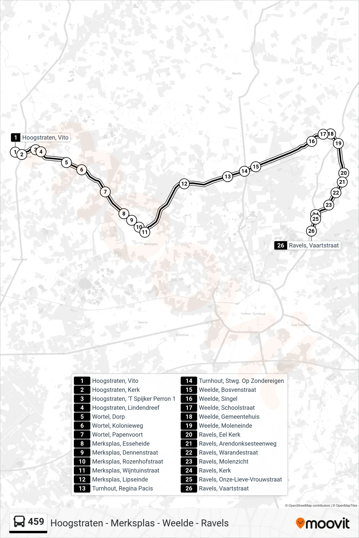 Lijn 459 (bus, Ravels Vaartstraat): route en haltes op de kaart