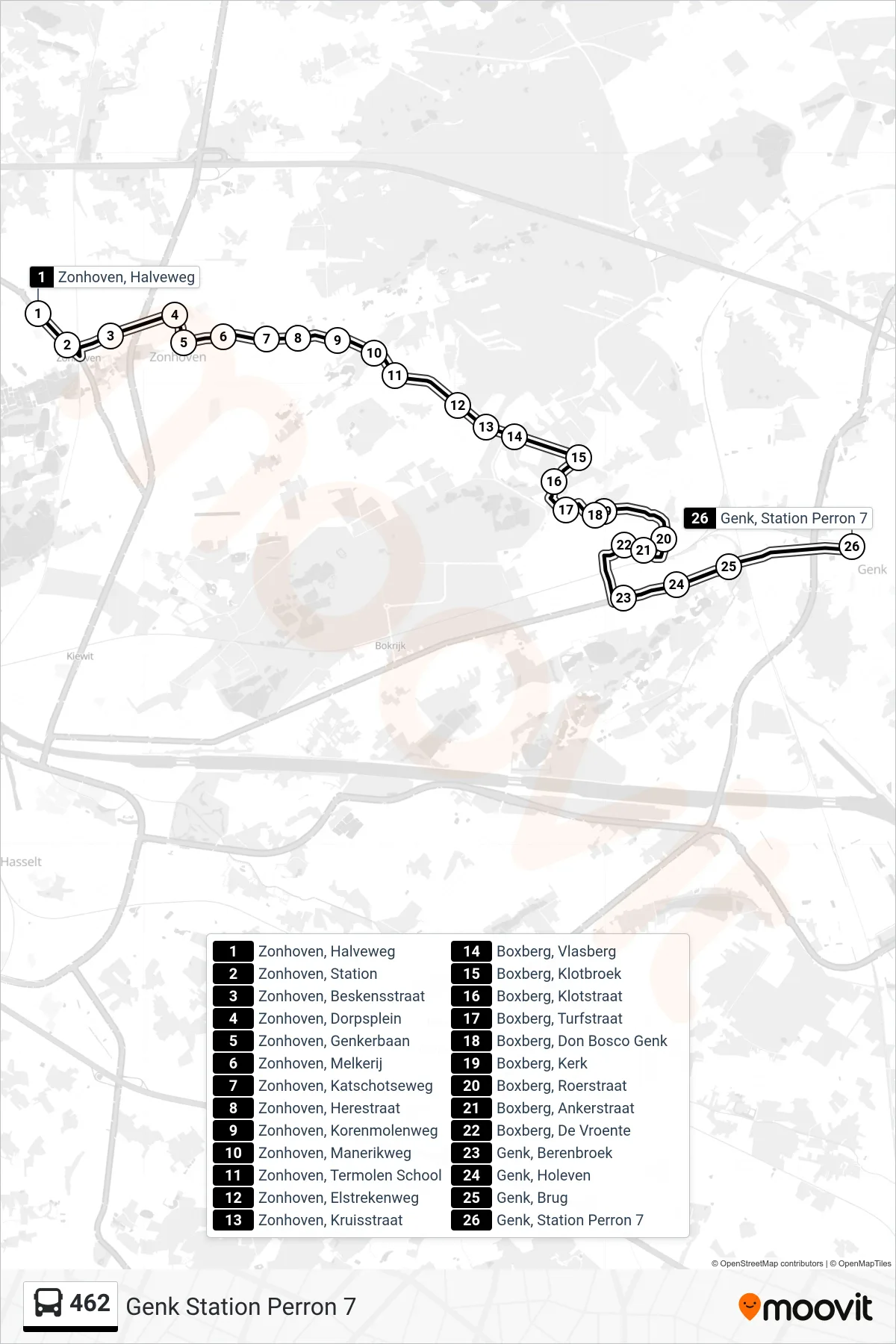 Lijn 462 (bus, Genk Station Perron 7): route en haltes op de kaart