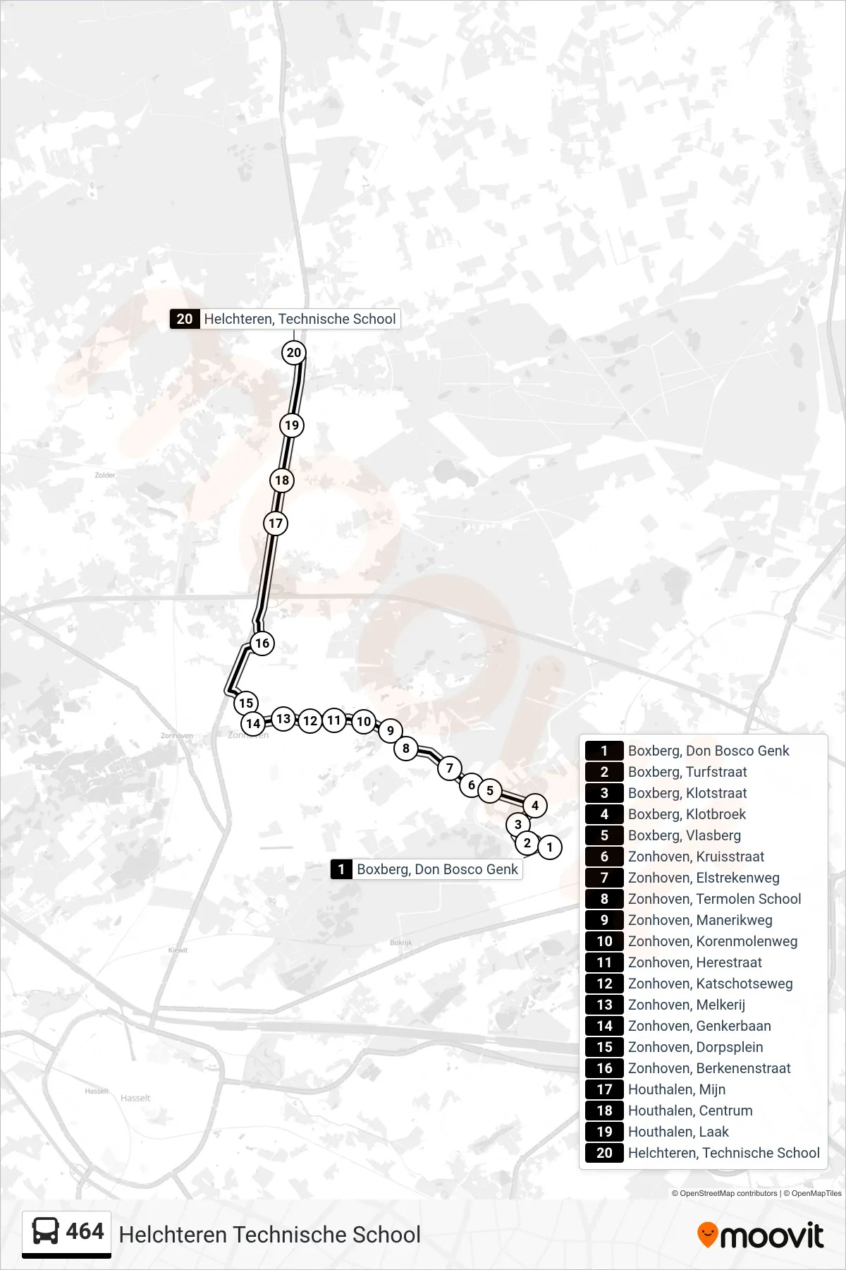 Lijn 464 (bus, Helchteren Technische School): route en haltes op de kaart