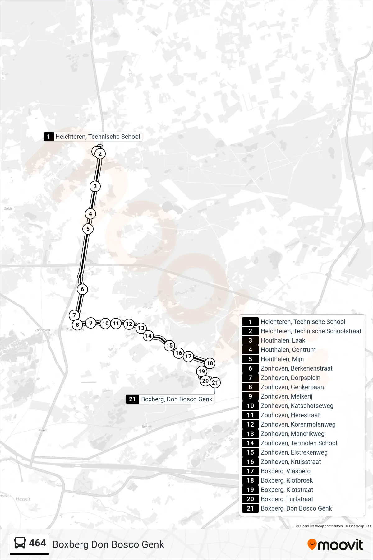 Lijn 464 (bus, Boxberg Don Bosco Genk): route en haltes op de kaart